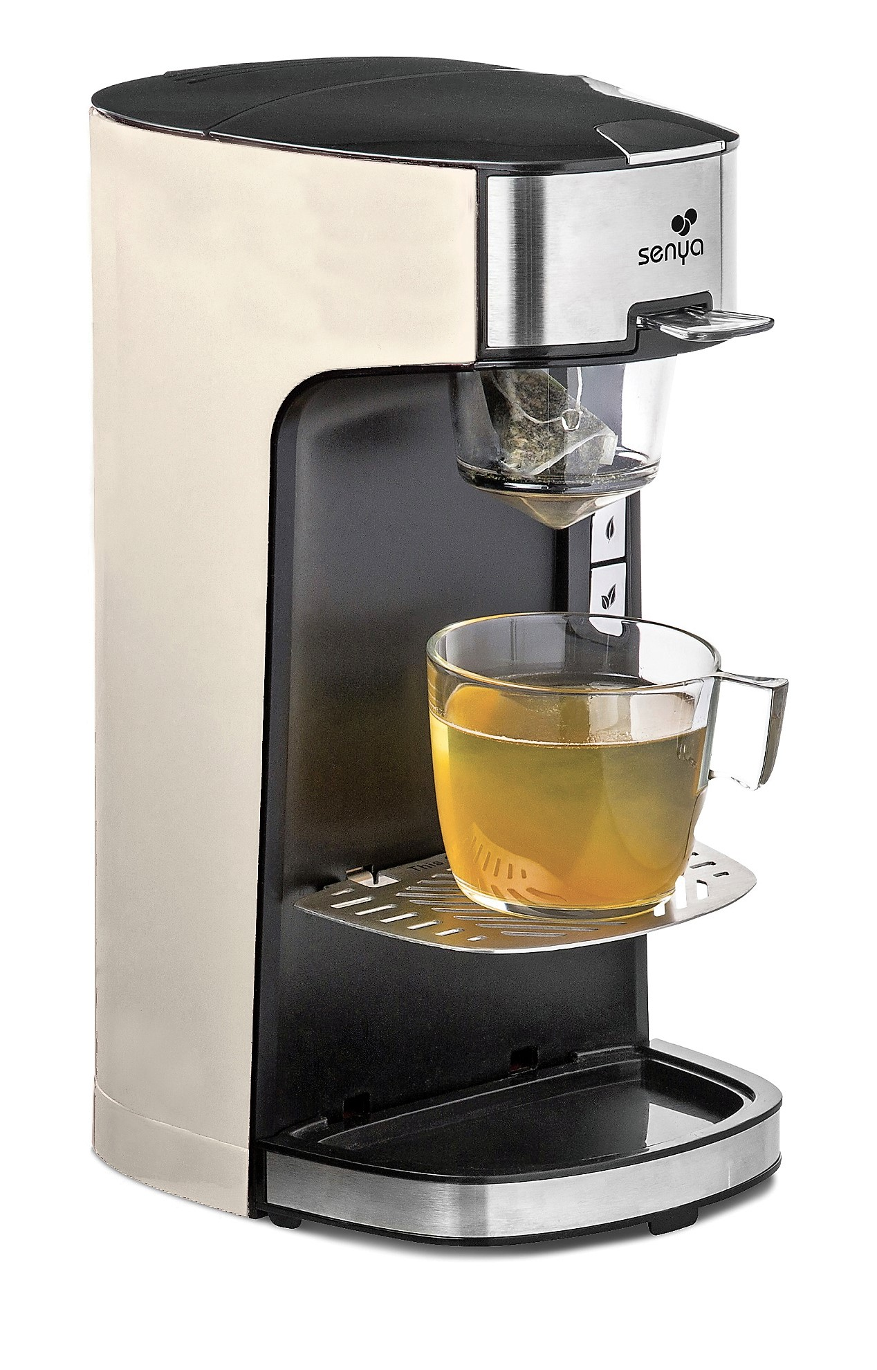 Eine weiße und silberne Teemaschine mit einer Teetasse aus Glas.