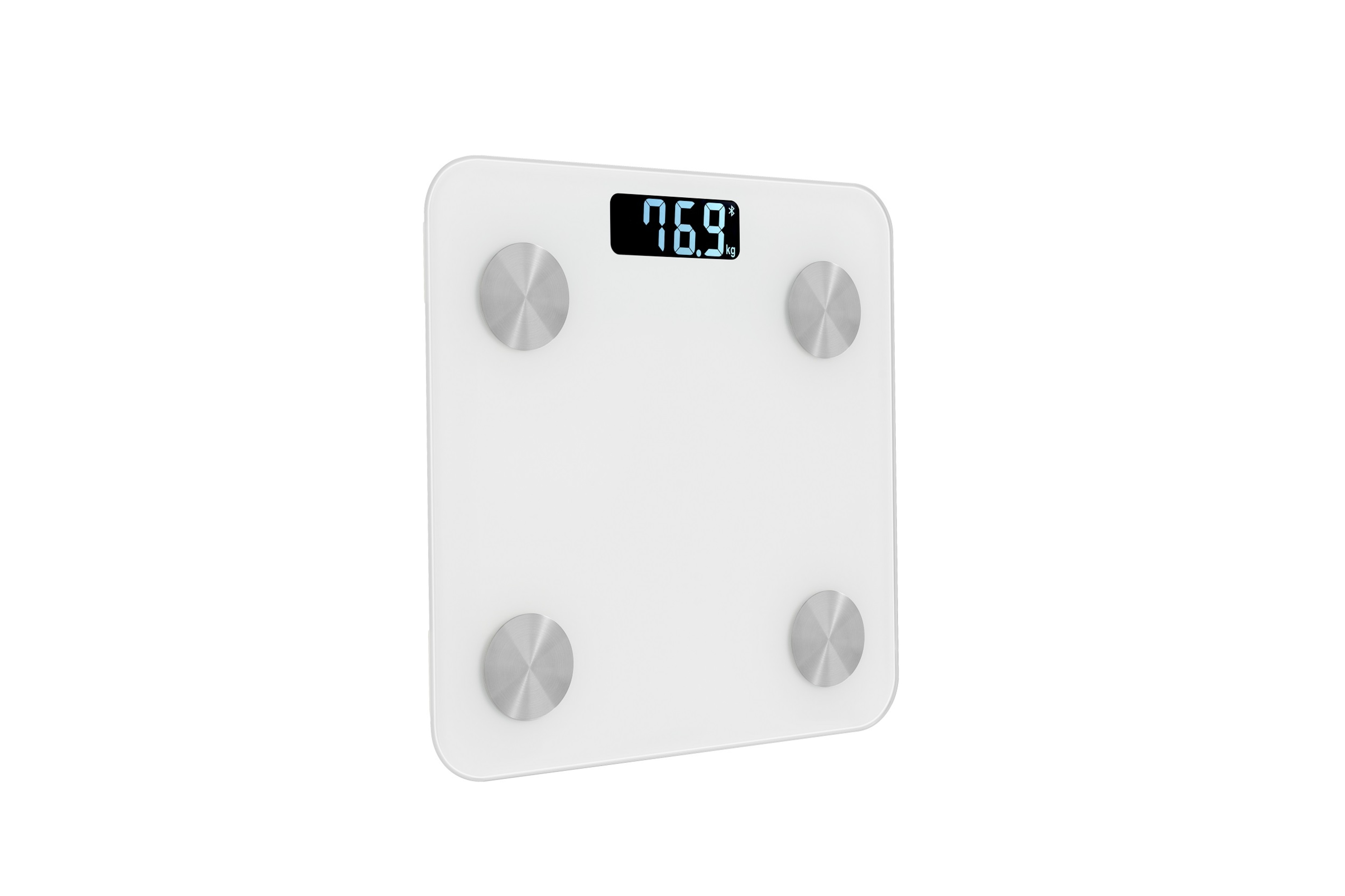 Weiße digitale Badezimmerwaage mit 76,9 kg, mit silbernen kreisförmigen Füßen.