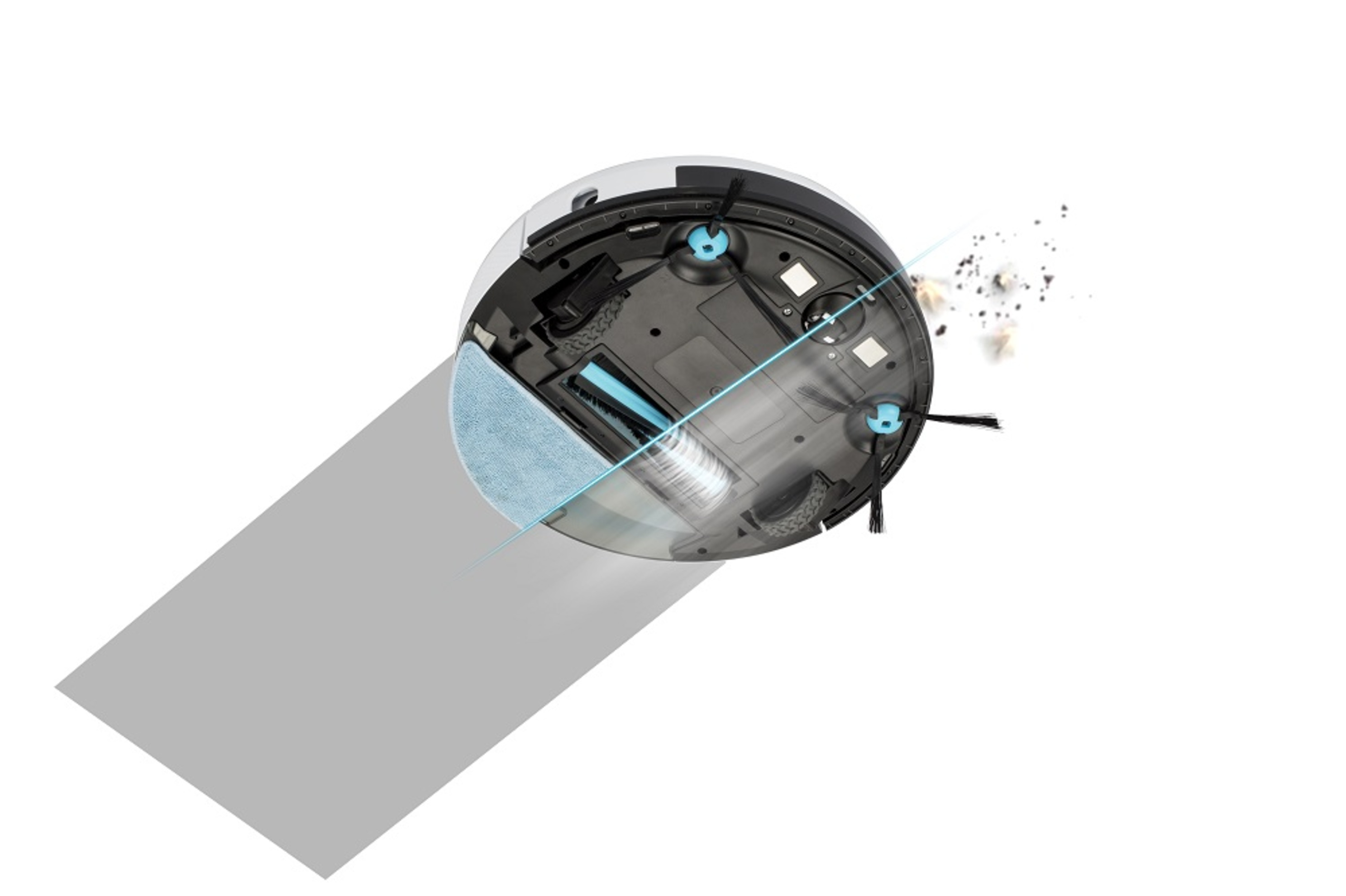Roboter-Staubsauger von oben, blaues Pad, schwarz-weißes Gehäuse, Staubpartikel.