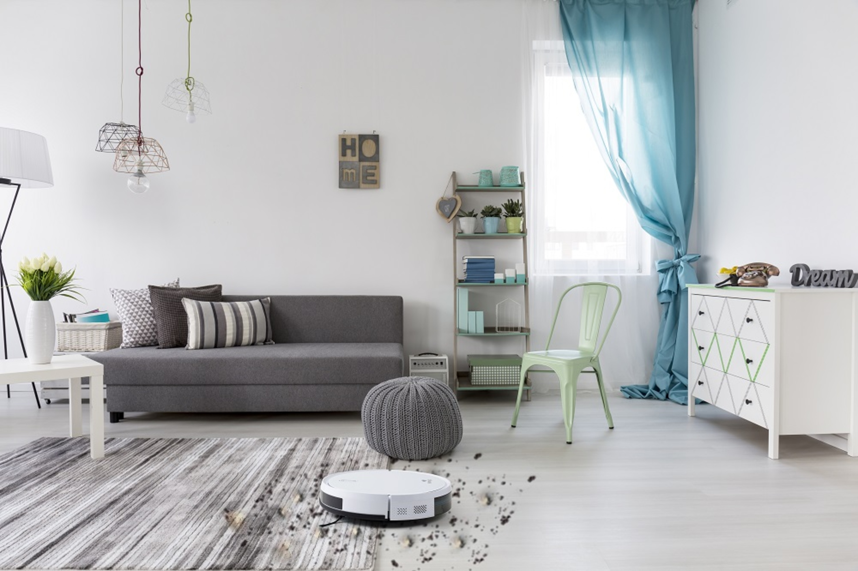 Wohnzimmer mit grauem Sofa, Teppich und Fenster. Ein Roboterstaubsauger reinigt, Deko vorhanden.