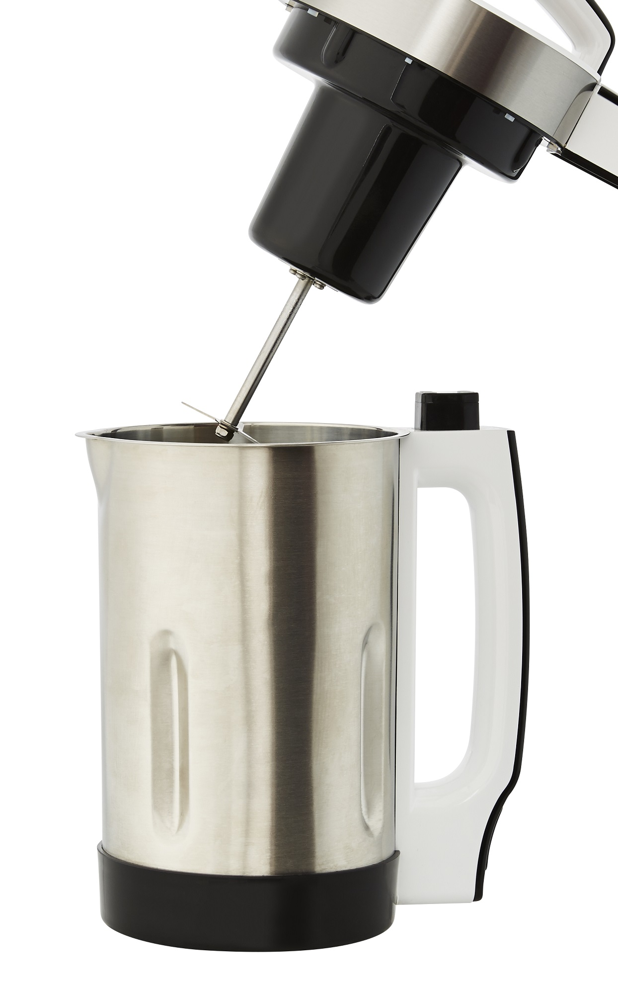 Edelstahl-Mixer mit schwarzem Deckel, weißem Griff und Mixklinge.