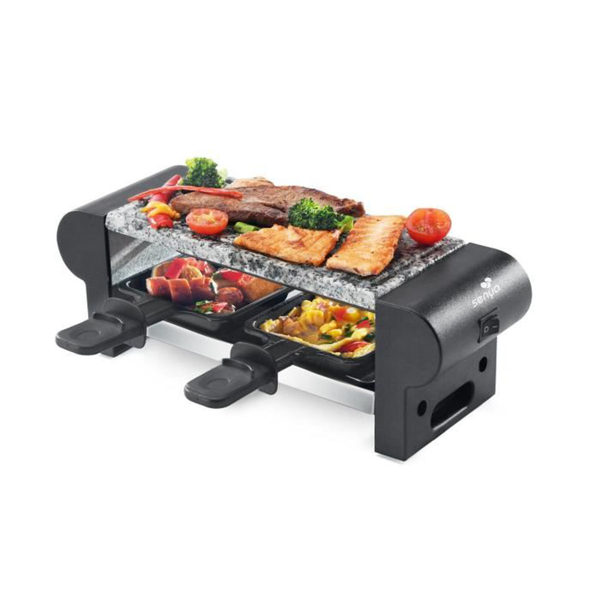 Griglia per raclette con cibo come verdure e carne sopra, e vassoi sotto.