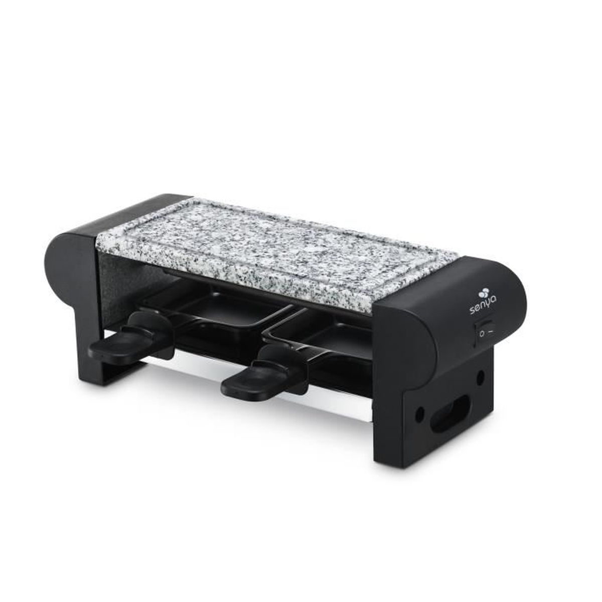 Una griglia per raclette nera e grigia con piano simile al marmo. Il marchio è Senyo.