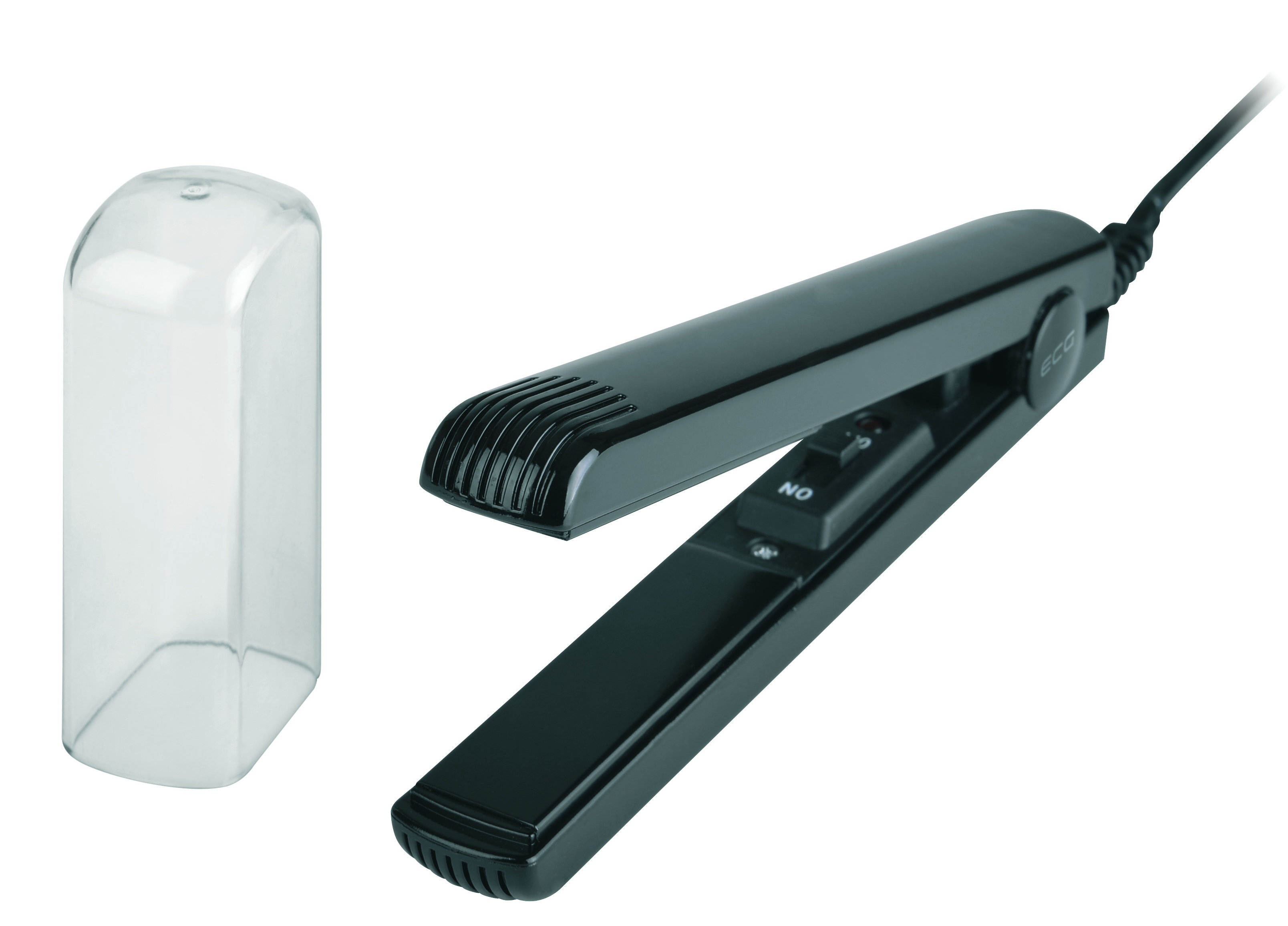 Piastra per capelli nera con coperchio trasparente. La piastra è aperta. Sfondo bianco.