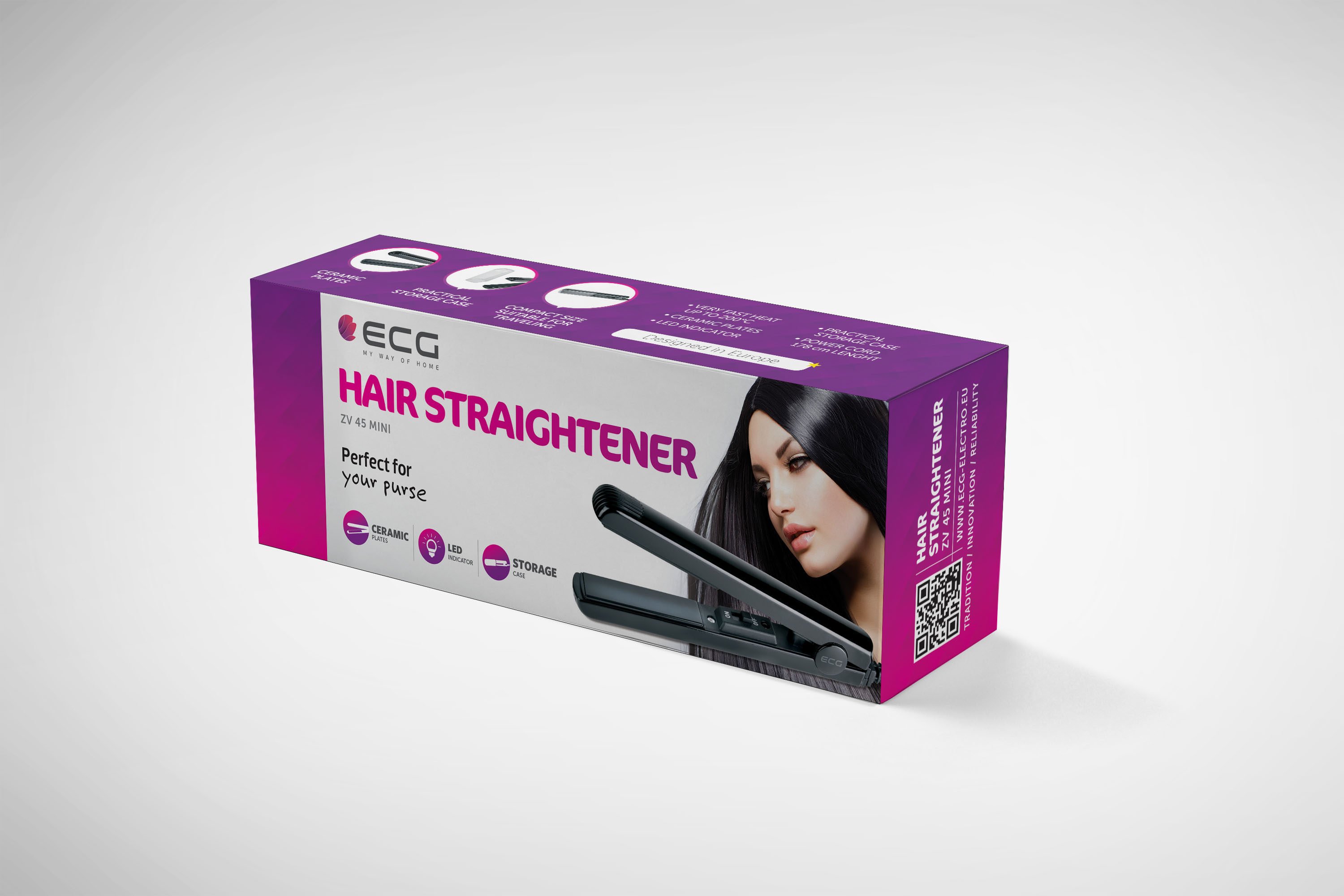 Scatola di imballaggio per piastra per capelli. Presenta un modello e il nome del prodotto, "Hair Straightener".