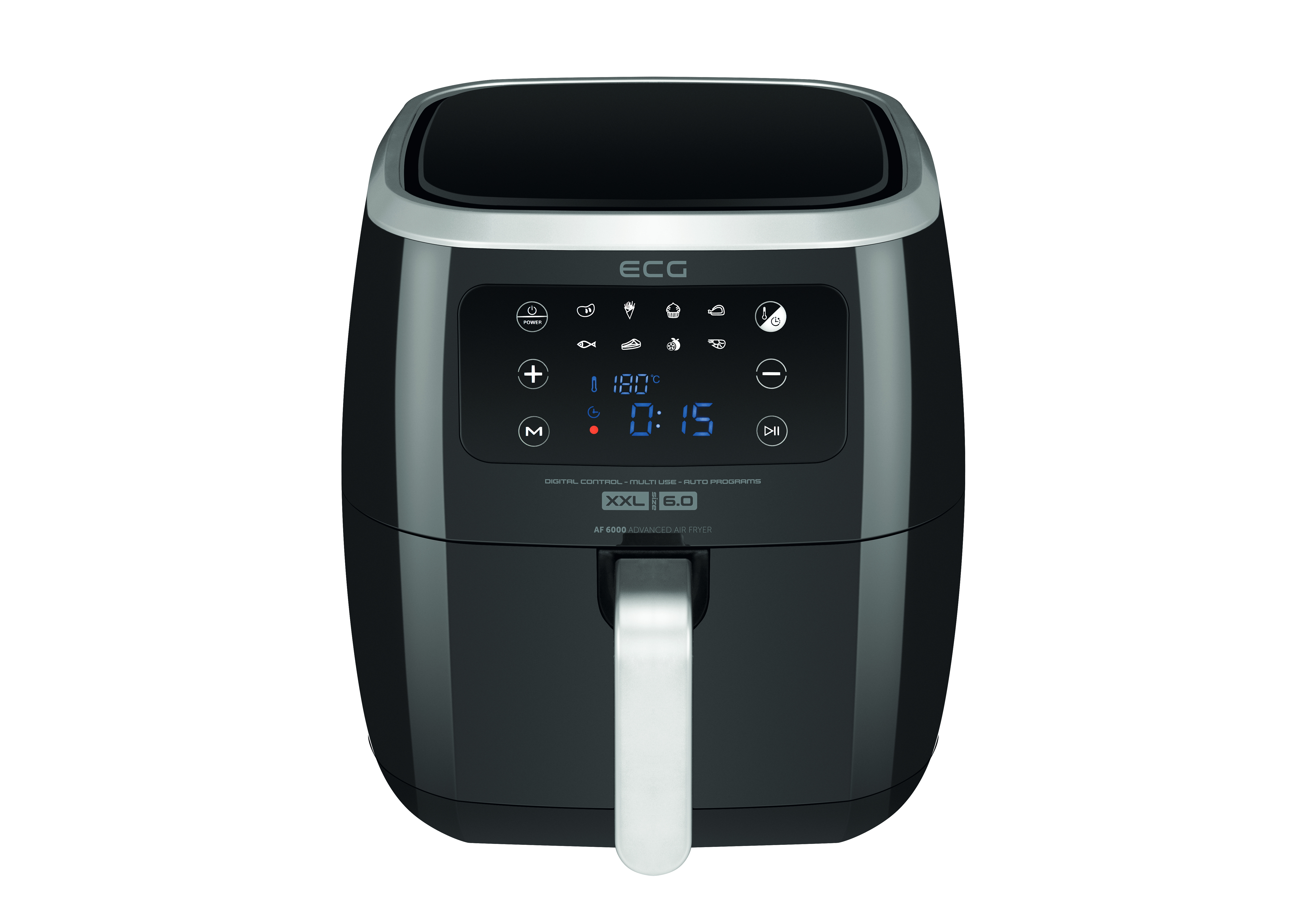Czarna frytkownica powietrzna ECG z cyfrowym wyświetlaczem, srebrnym uchwytem i przyciskami na białej powierzchni.