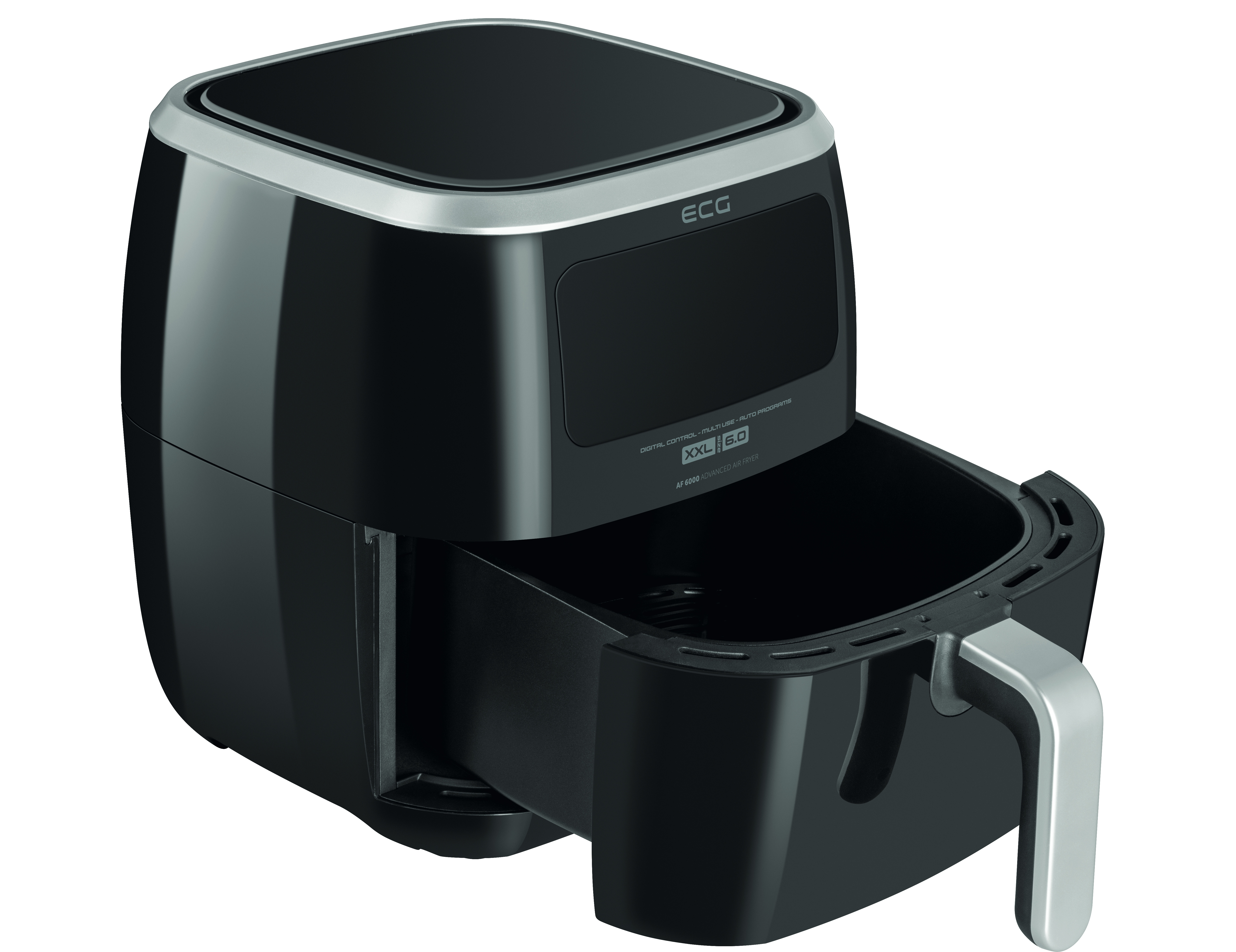 Czarna frytkownica powietrzna z wysuniętym koszem. Srebrne wykończenie, czarny uchwyt.