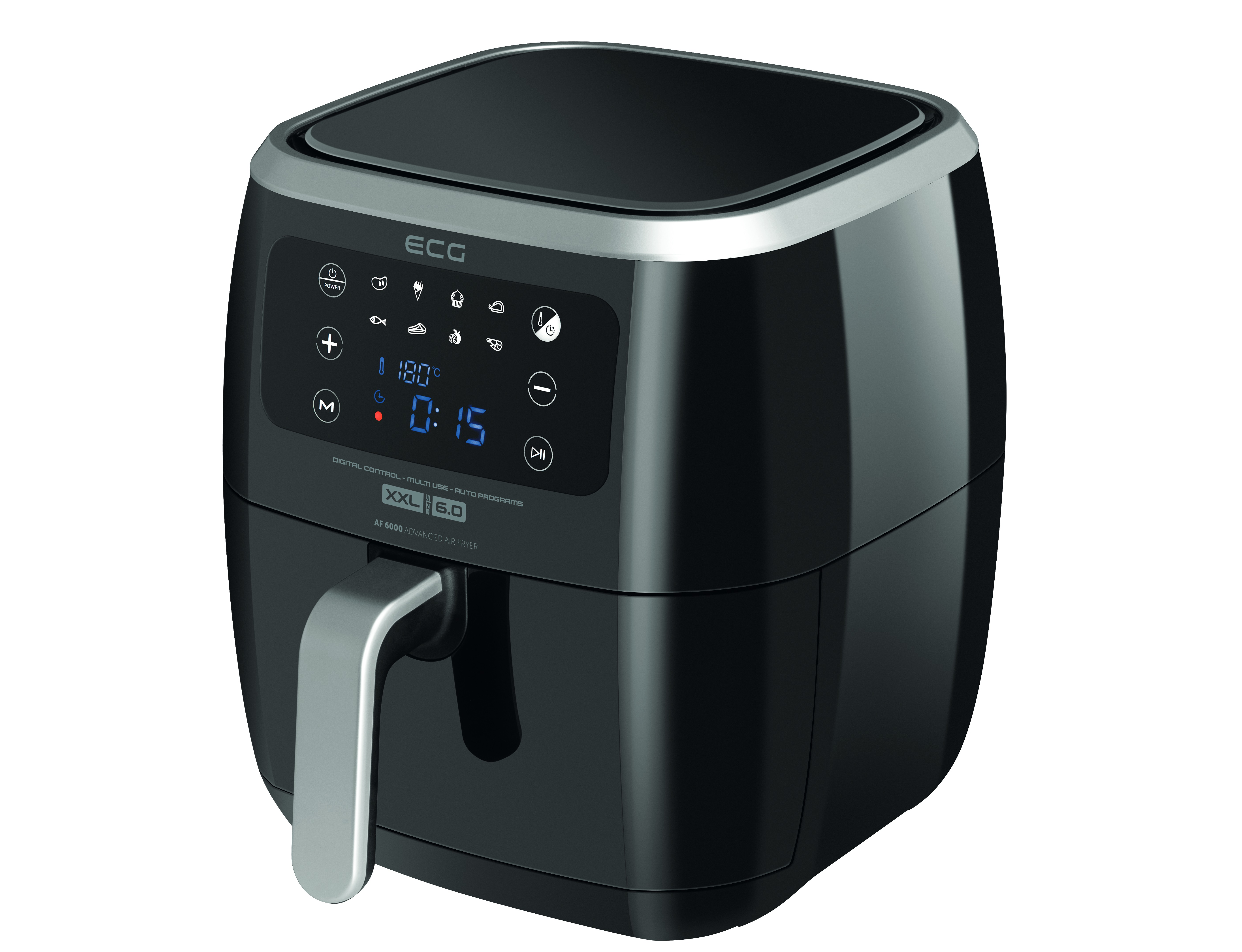 Czarna frytkownica beztłuszczowa z wyświetlaczem cyfrowym i srebrnym uchwytem na białym tle.