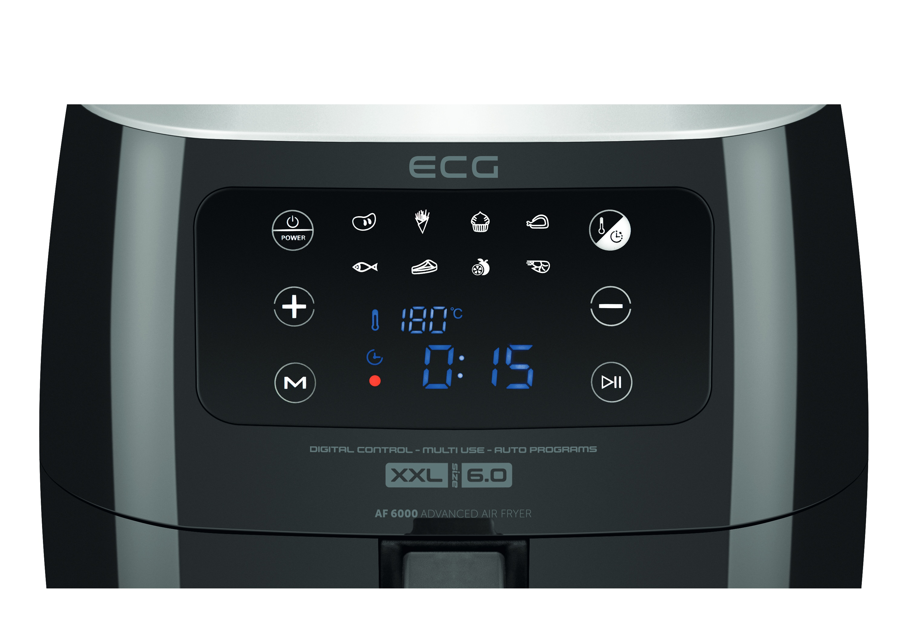 Cyfrowy wyświetlacz czarnej frytkownicy powietrznej ECG. Wyświetlacz pokazuje czas i temperaturę.