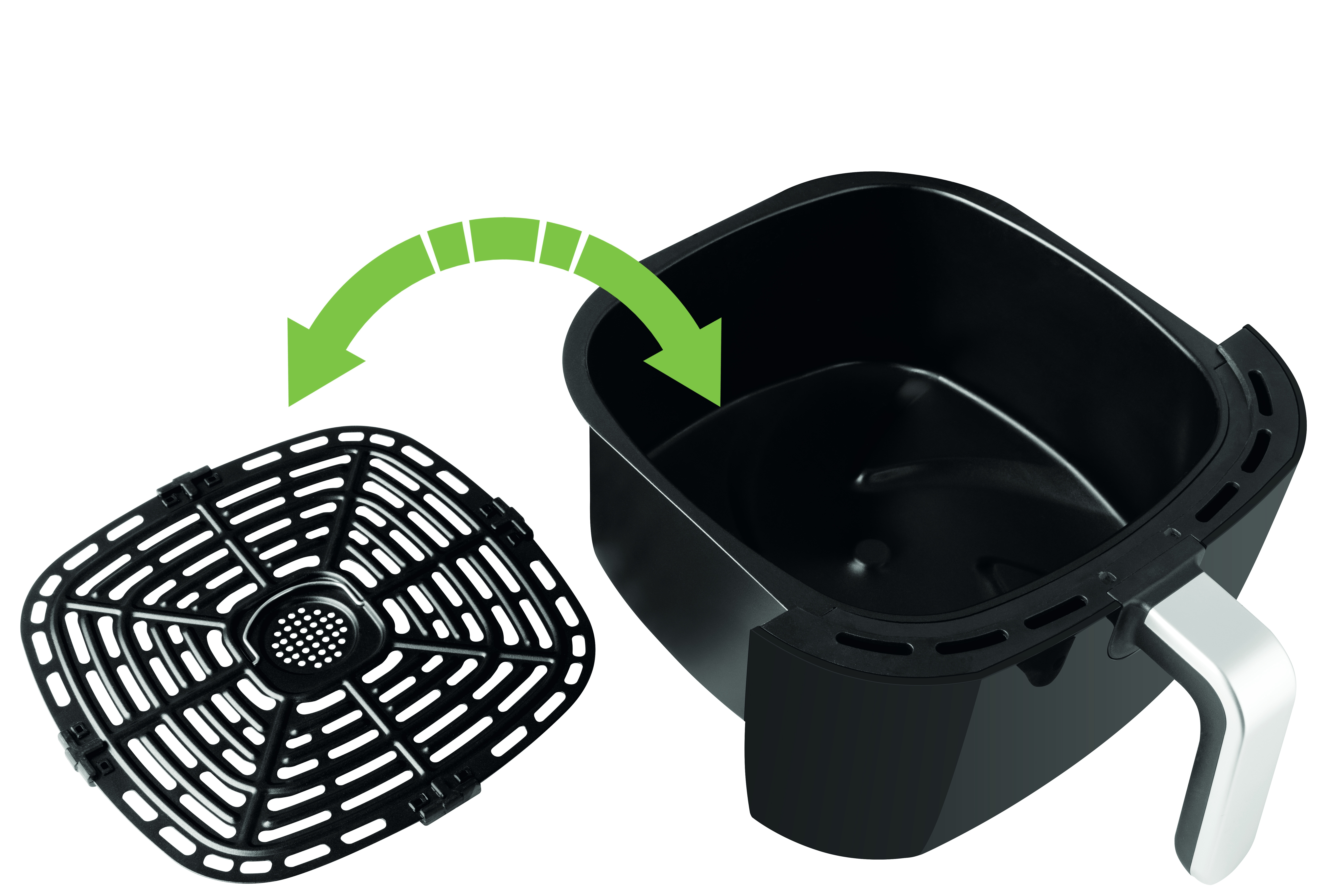 Czarny kosz i podstawa frytkownicy powietrznej, ze strzałką pokazującą montaż.