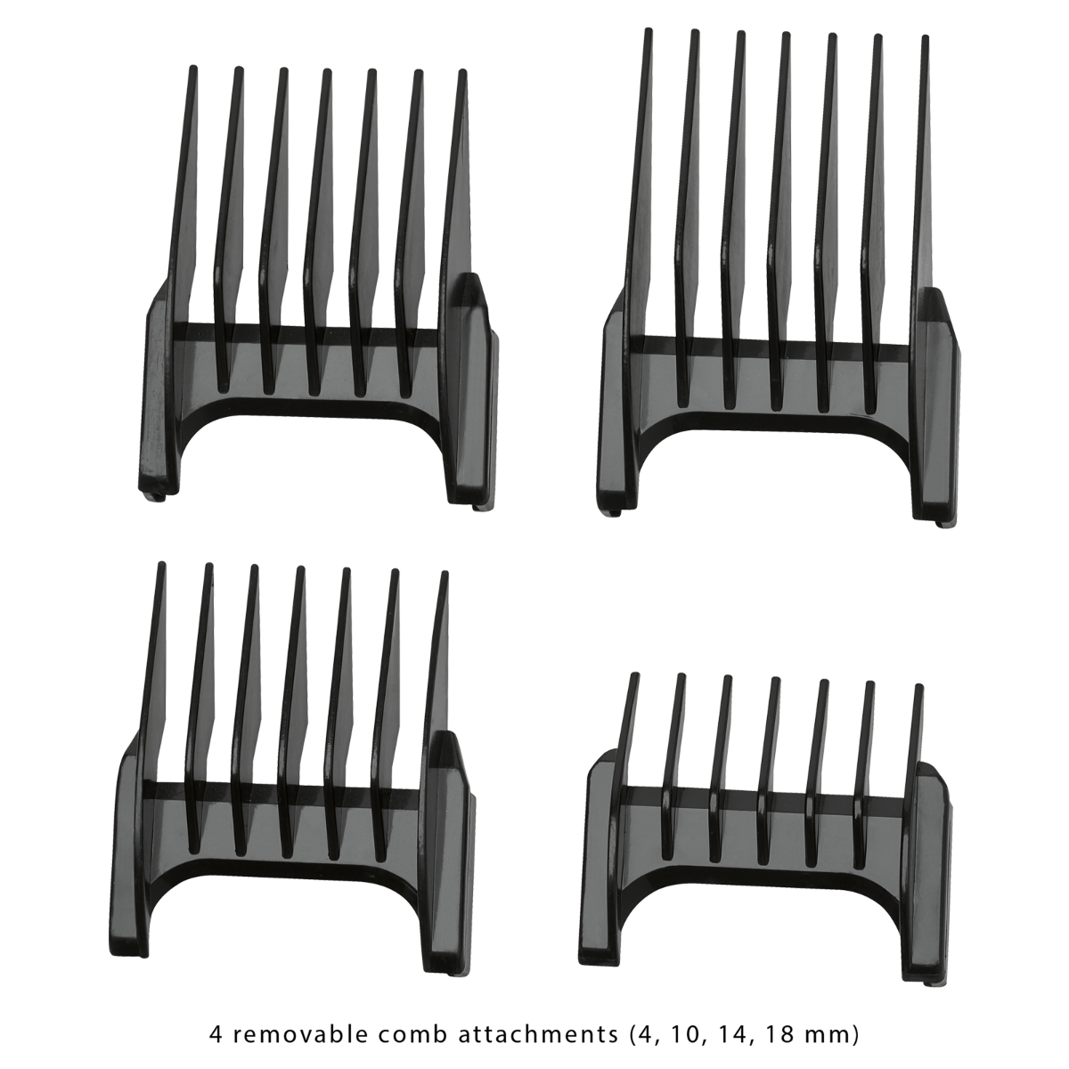 Cztery czarne grzebienie do maszynki.