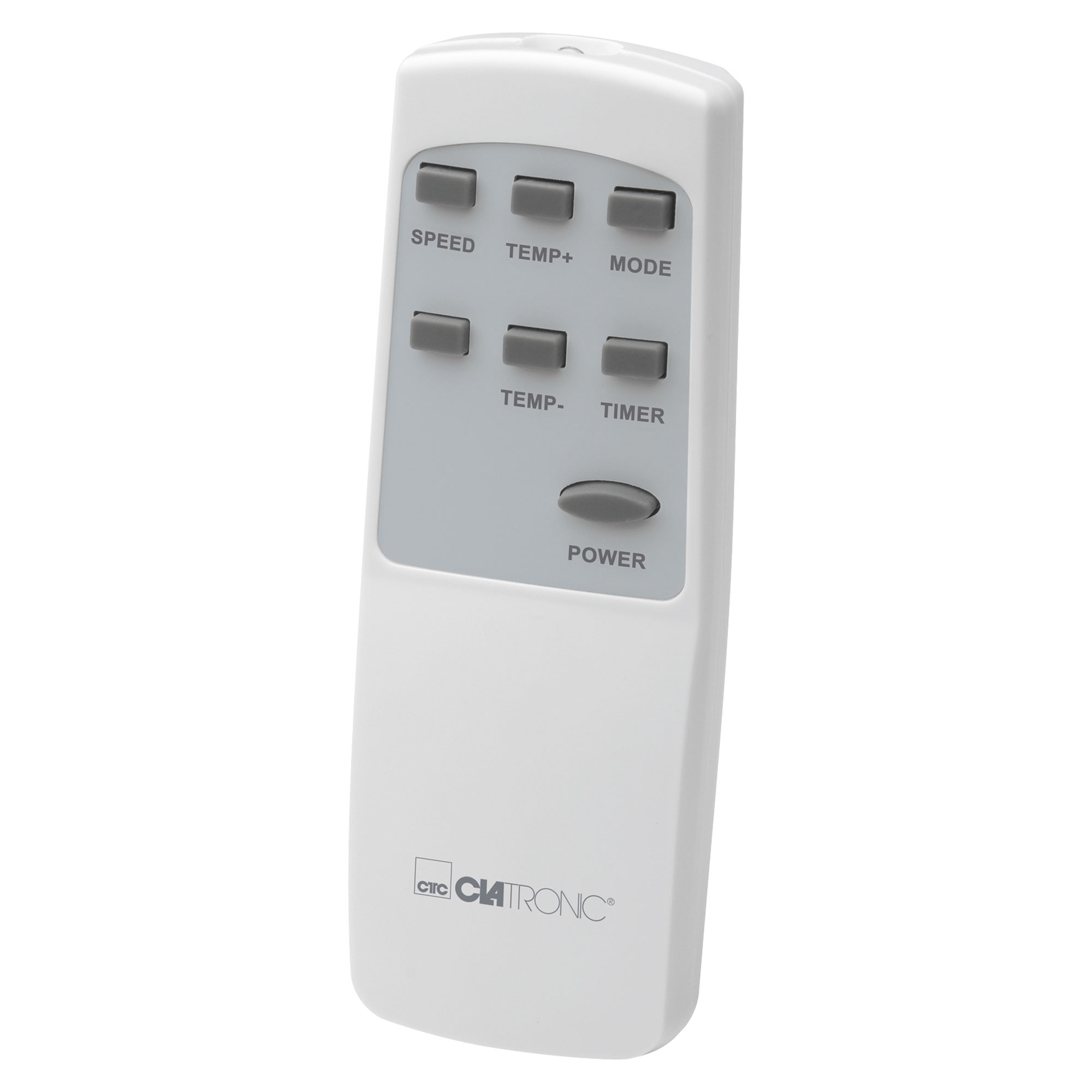 Mando a distancia blanco con botones etiquetados: velocidad, temp+, modo, temp-, temporizador y encendido.