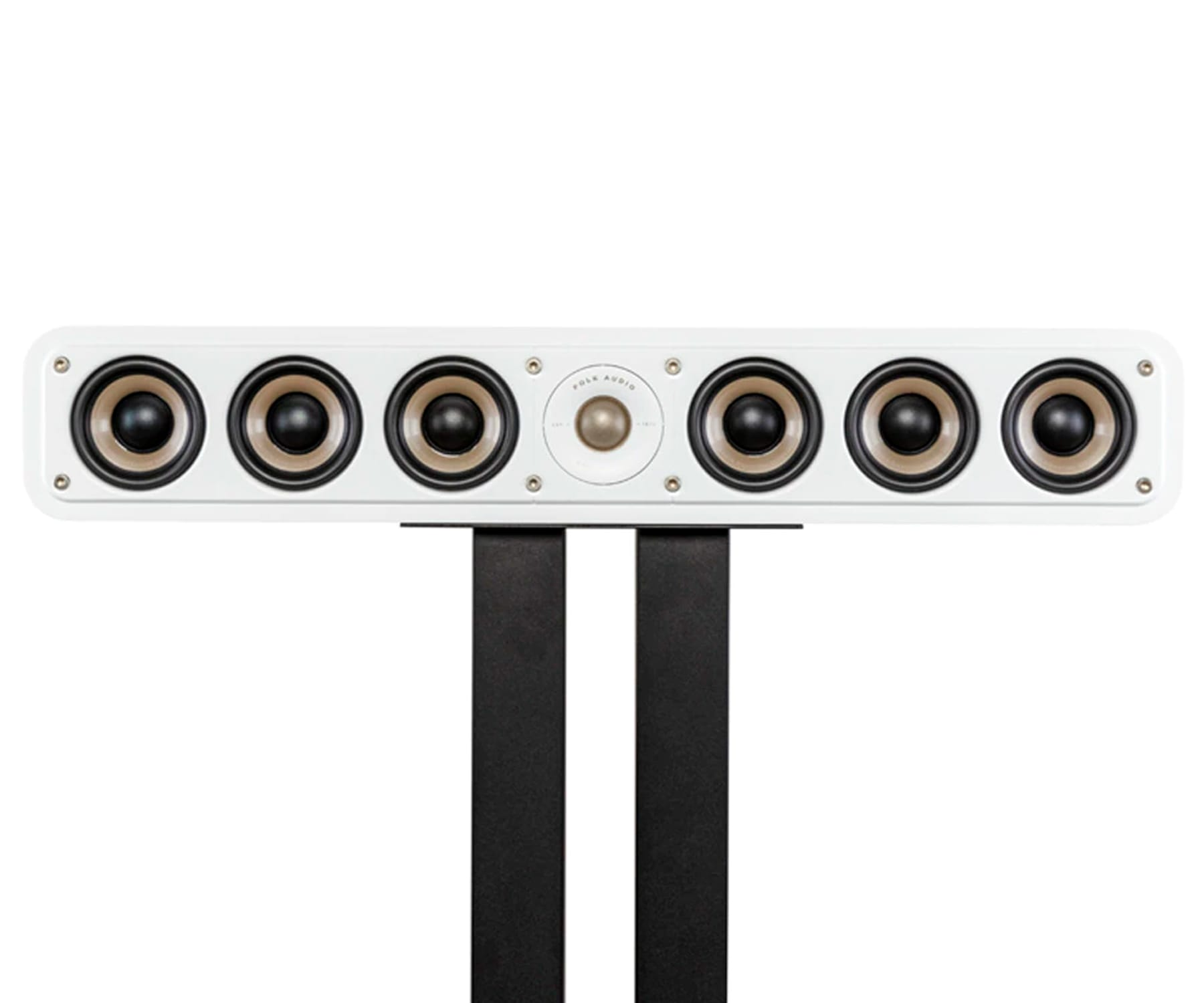 Una barra de sonido blanca larga con 6 altavoces en un soporte negro, sobre fondo blanco.