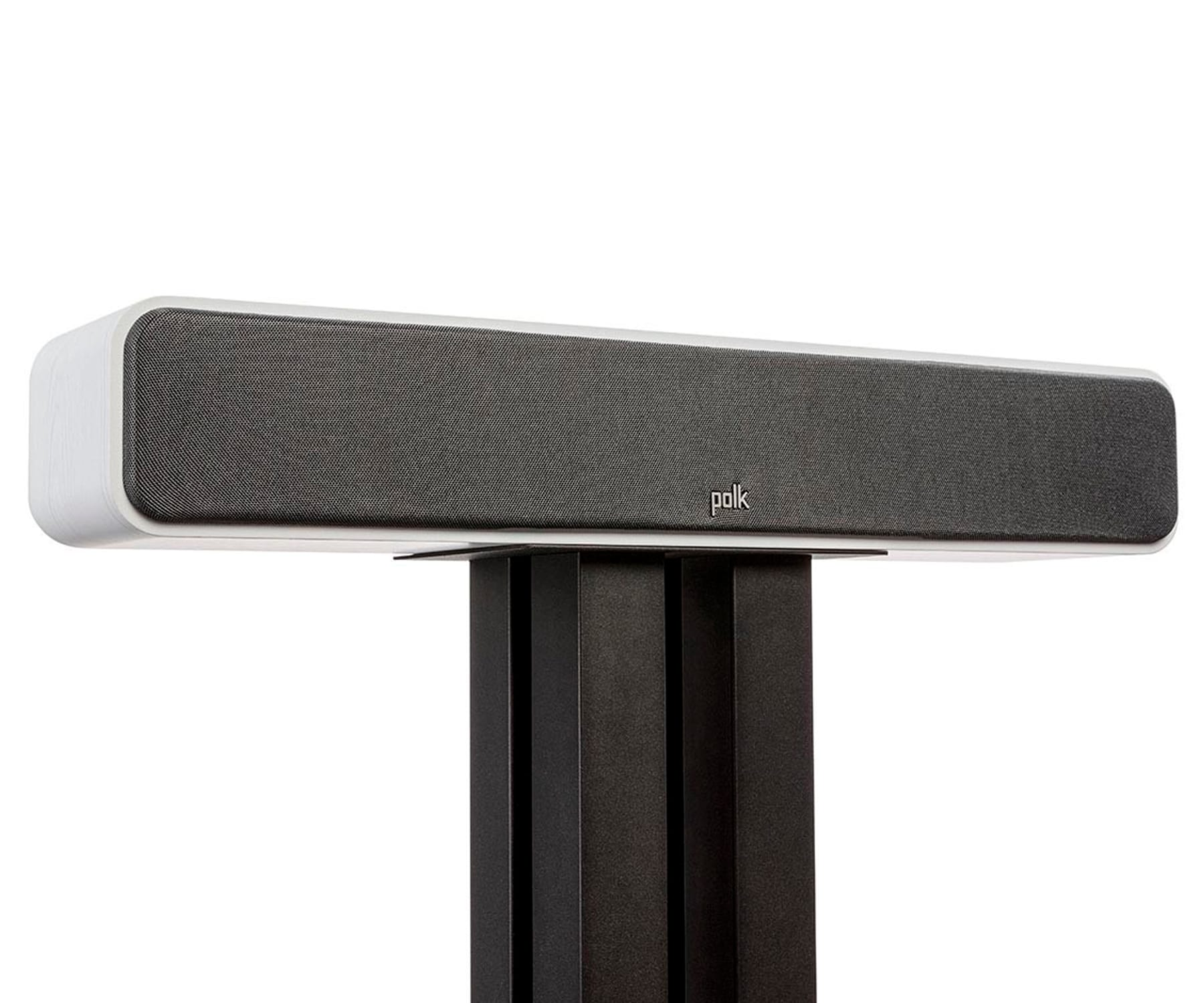 Una barra de sonido Polk blanca y negra montada en un soporte negro.