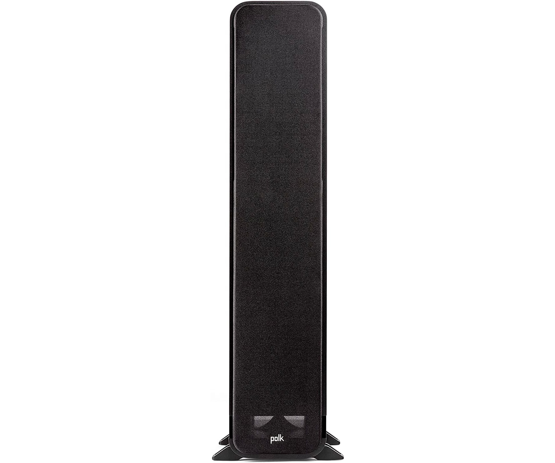 Altavoz Polk negro y alto. El altavoz está sobre fondo blanco.