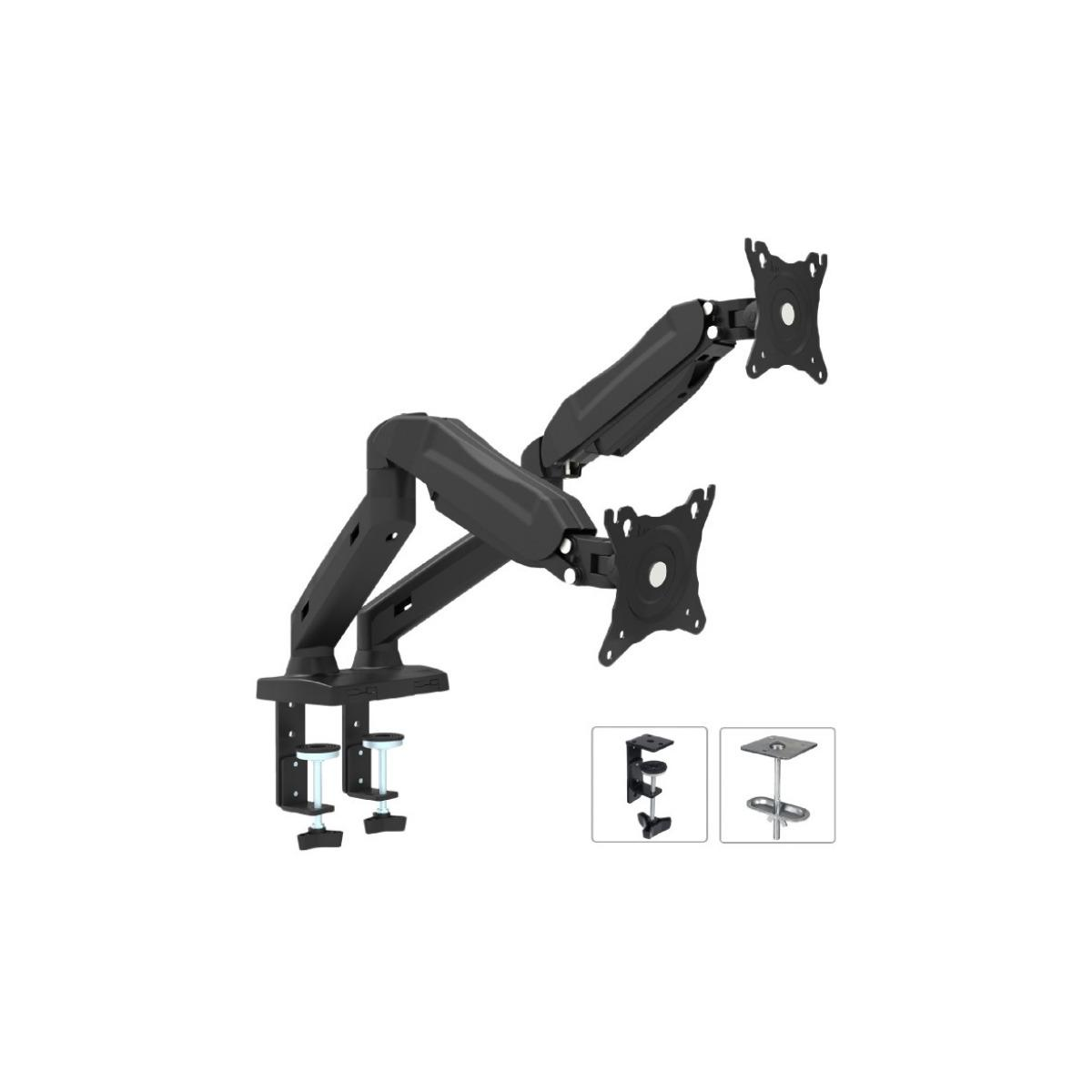 Ramię do monitora podwójnego z dwoma uchwytami do monitora i dodatkowymi opcjami montażu. Czarny.