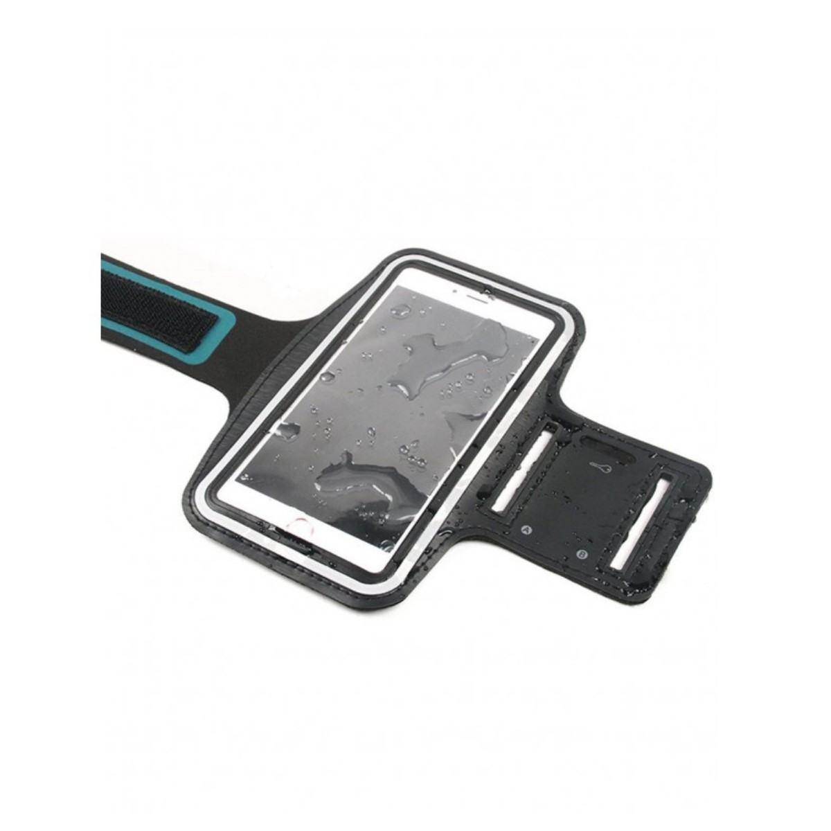 Schwarzweißbild eines Smartphone-Armbands. Das Telefon befindet sich in einem transparenten Fenster.