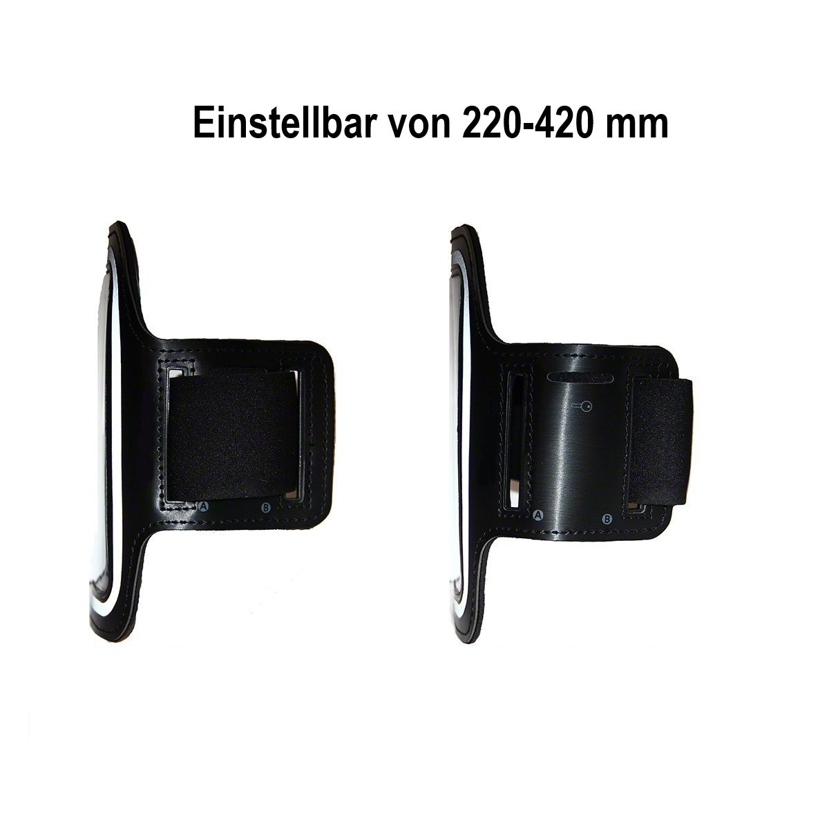 Zwei schwarze Armbänder für Smartphones. Text: Einstellbar von 220-420 mm.