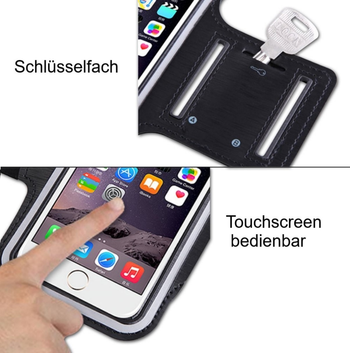 Ein Telefon in einer schwarzen Hülle mit Schlüssel und Finger auf dem Bildschirm. Text: Touchscreen bedienbar.