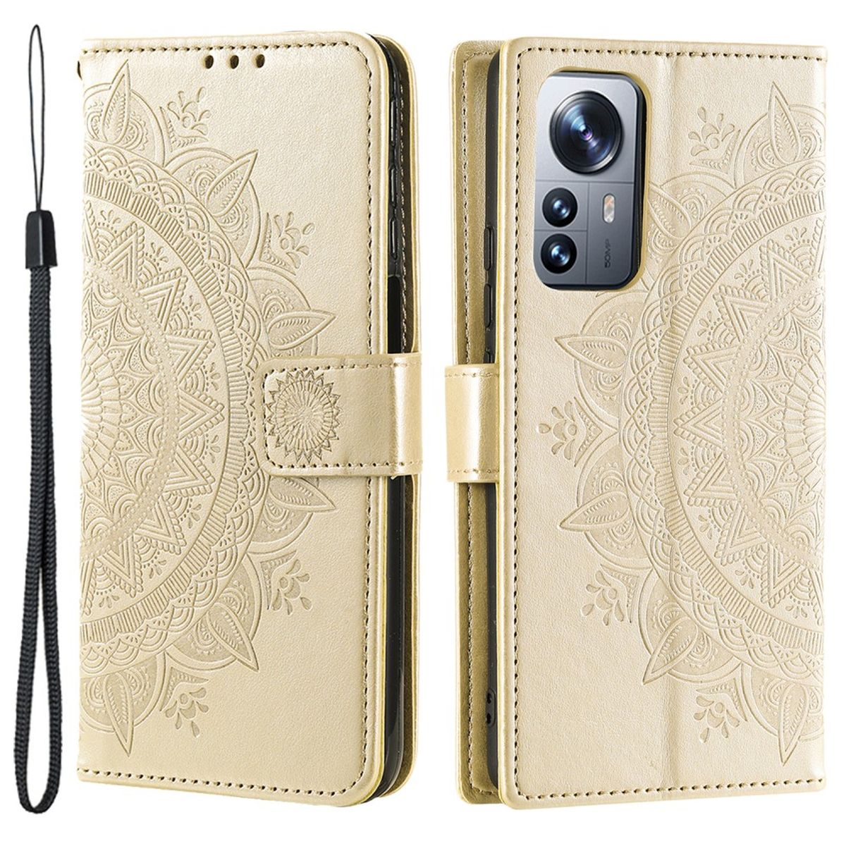 Goldene Handyhülle mit Mandala-Design. Telefon ist drin. Schwarzer Riemen befestigt.