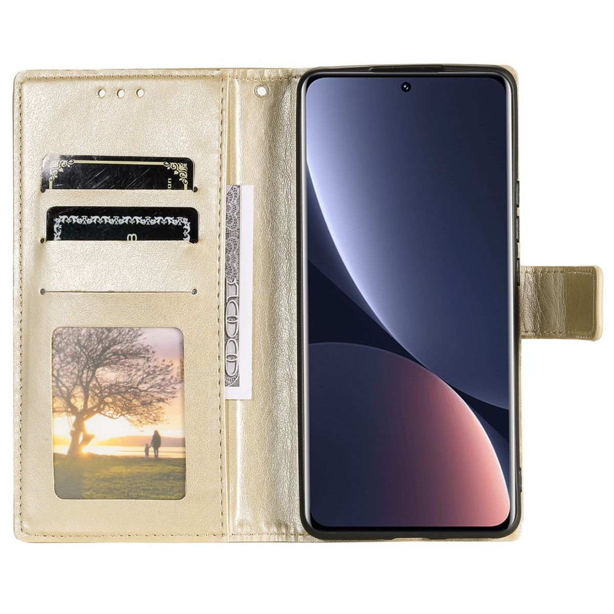Offene goldene Handyhülle mit Telefon darin. Enthält Kartenfächer und ein Bild eines Baumes.