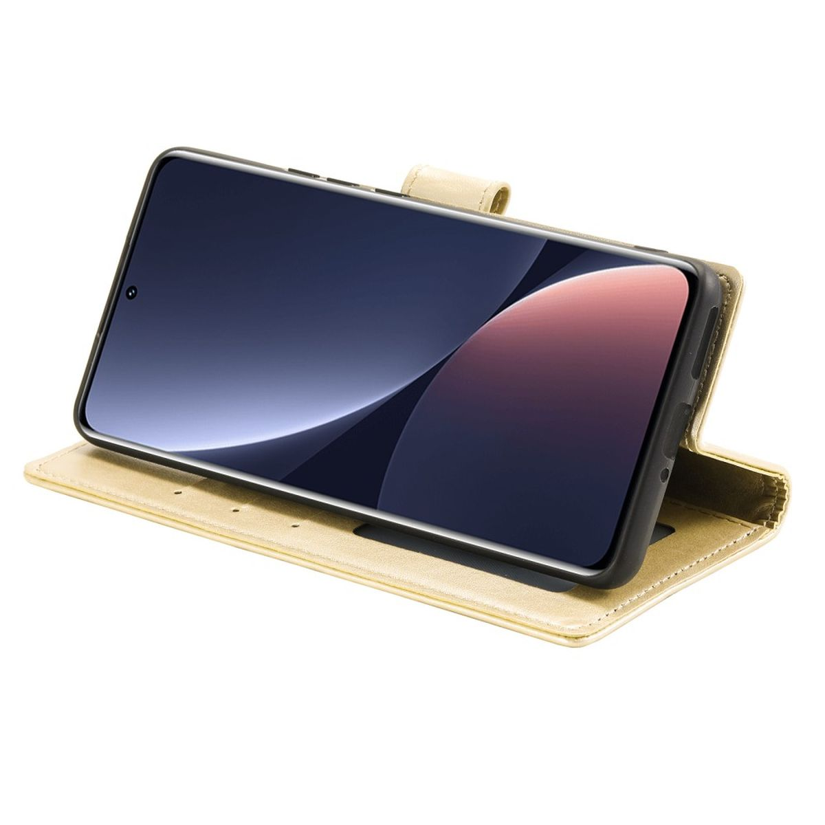 Goldenes Handycase mit einem Telefon.