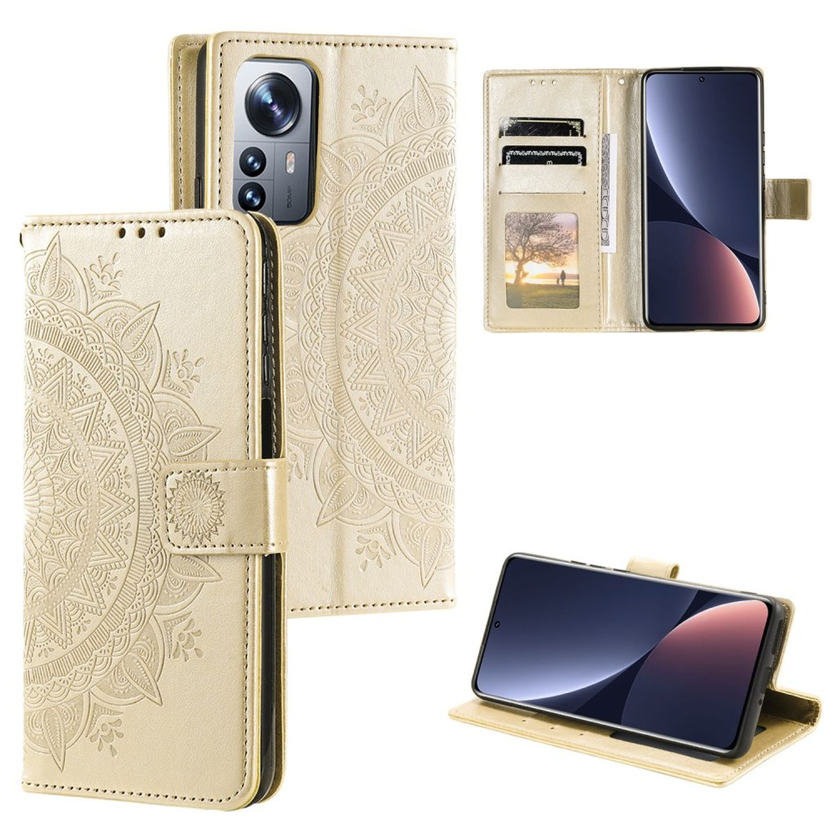 Gold mit Xiaomi, COVERKINGZ 12 Pro, Mandala Klapphülle Muster, Bookcover,