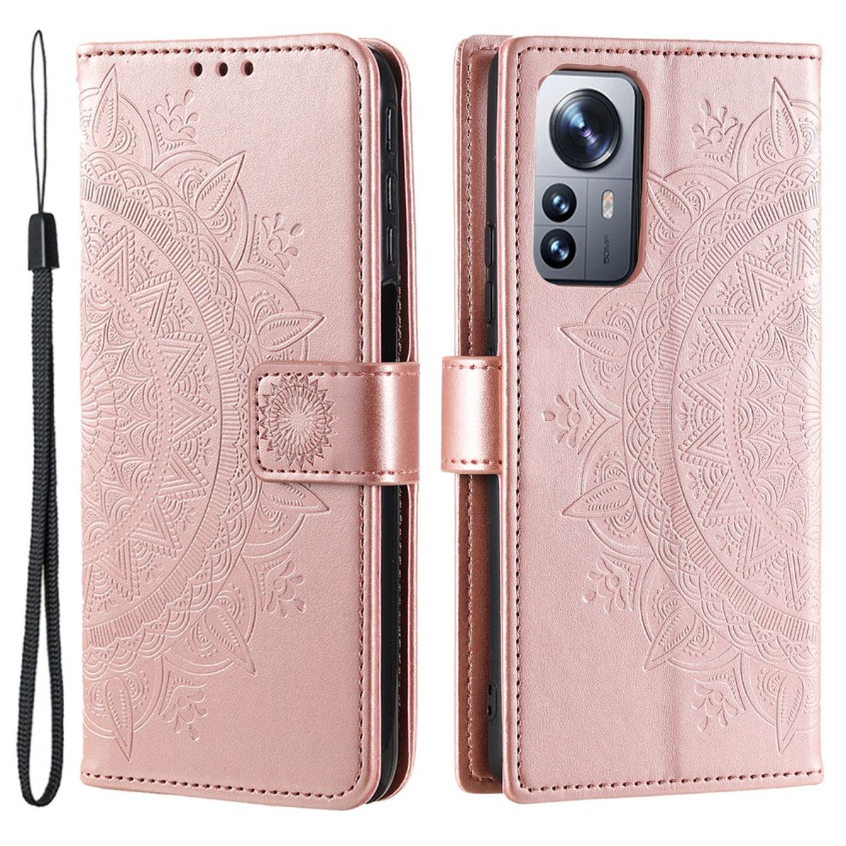 Eine rosa Handyhülle mit floralem Muster, Magnetverschluss und Trageriemen.