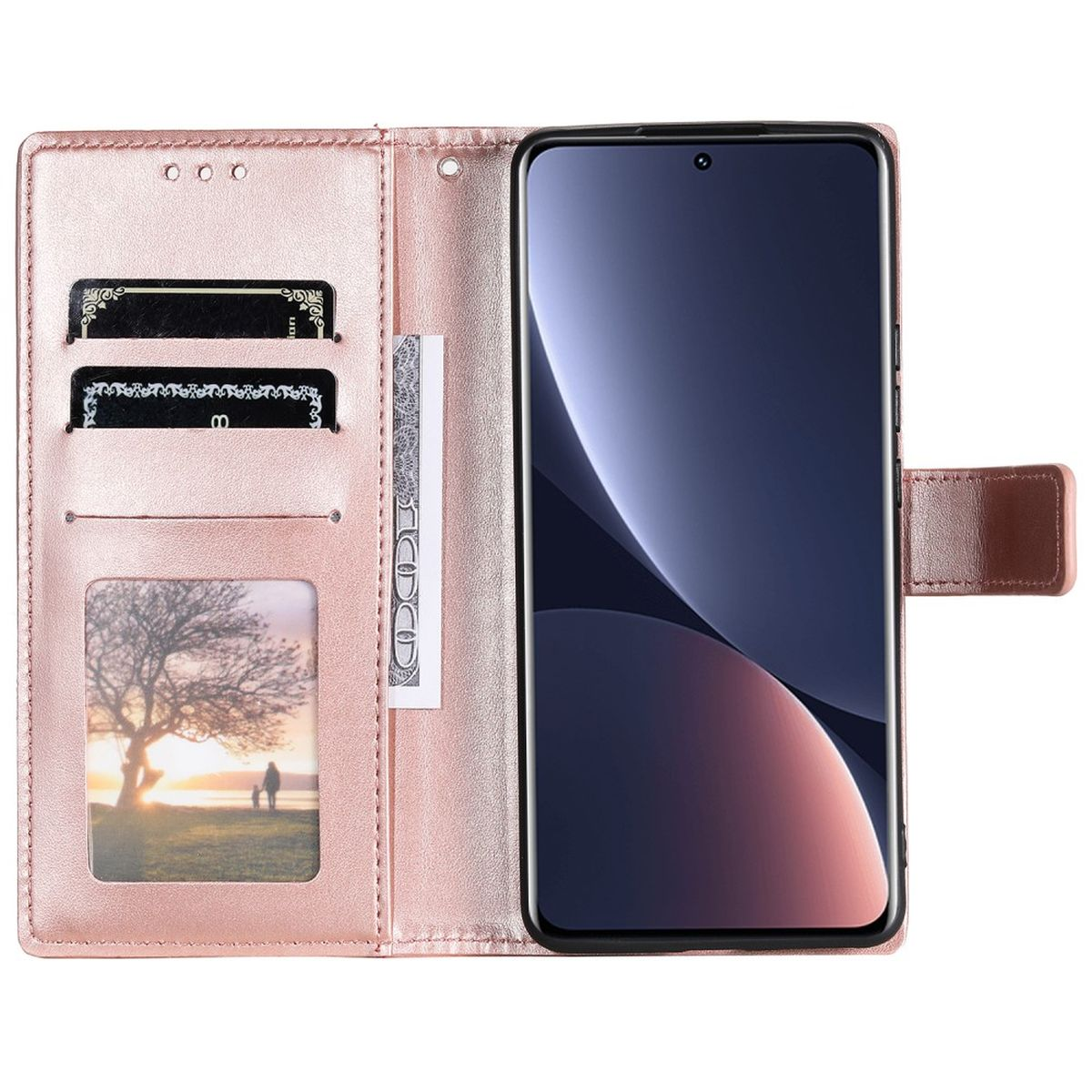 Offene pinke Handyhülle mit Kartenfächern, einem Fotoslot und einem Telefon. Brauner Verschluss ist sichtbar.