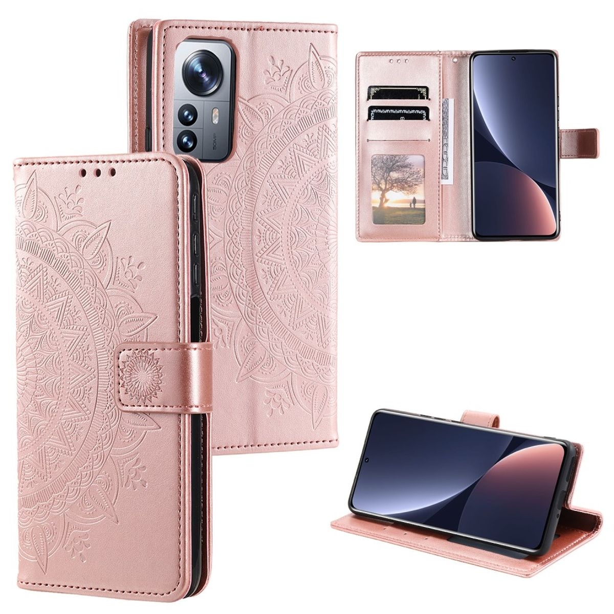 Rosa Handyhülle mit Mandala-Muster, zeigt das Telefon und Kartenfächer.