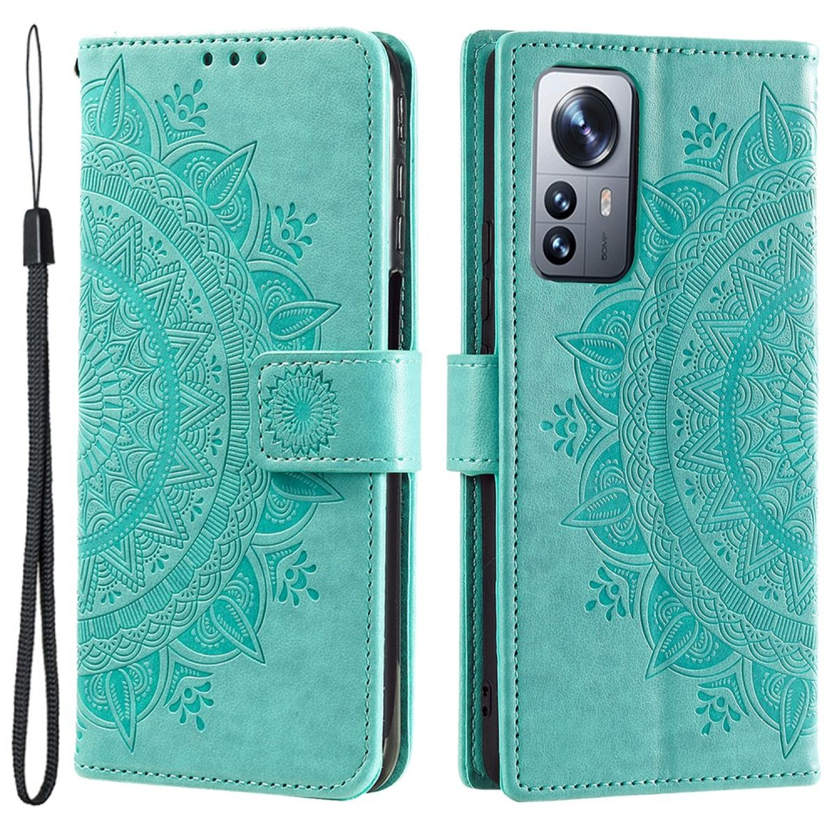 Eine türkisfarbene Handyhülle mit Mandala-Design, geöffnet, um ein Telefon zu enthüllen. Ein schwarzer Riemen ist befestigt.