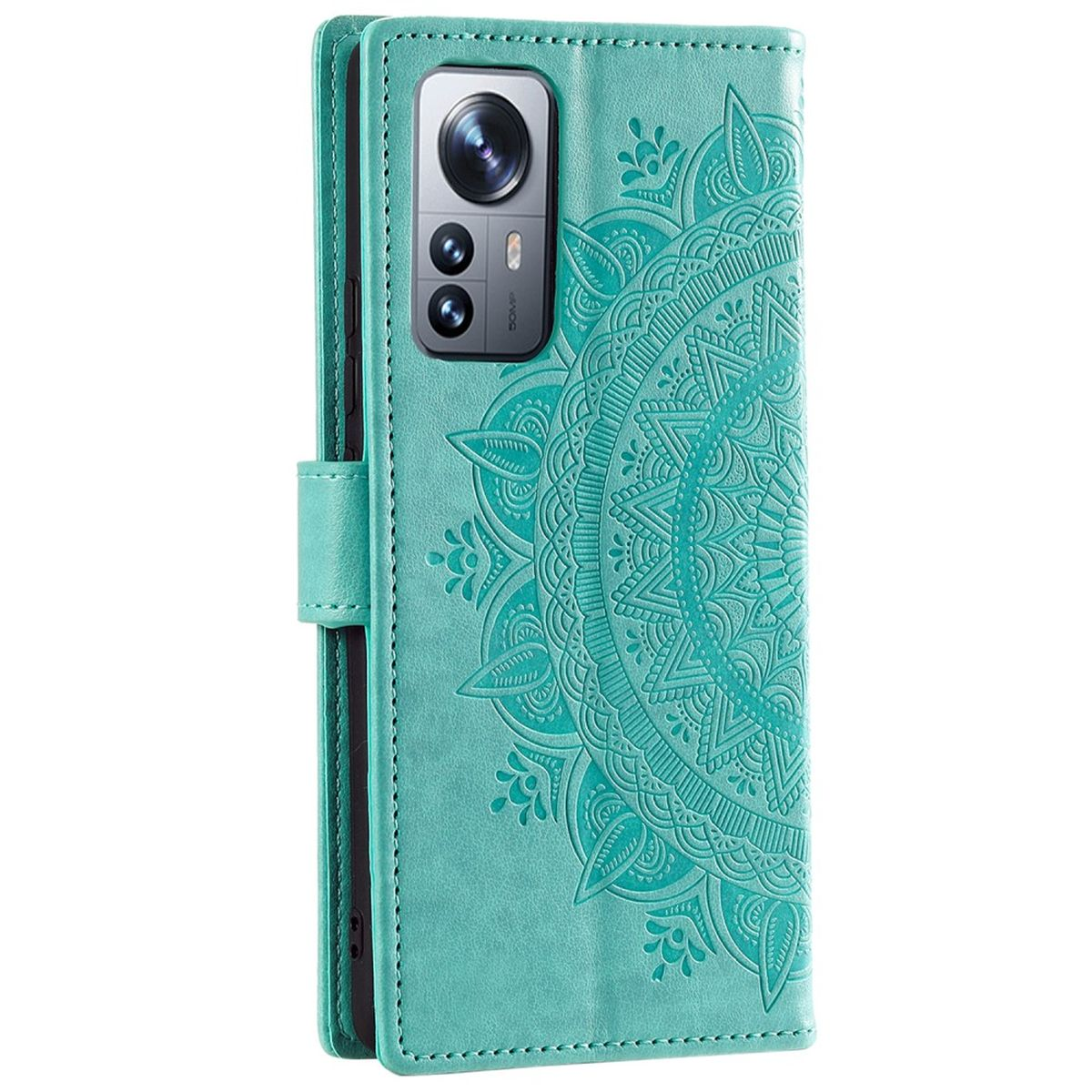 Türkisfarbene Handyhülle mit Mandala-Design. Das Telefon ist innen.