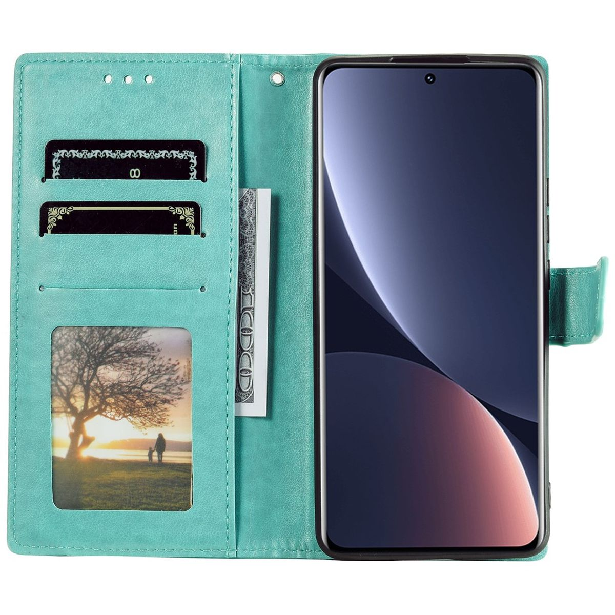 Türkisfarbenes Handy-Wallet-Case mit Kartenfächern und einem Bild von einem Baum, einem Mann und einem Kind.