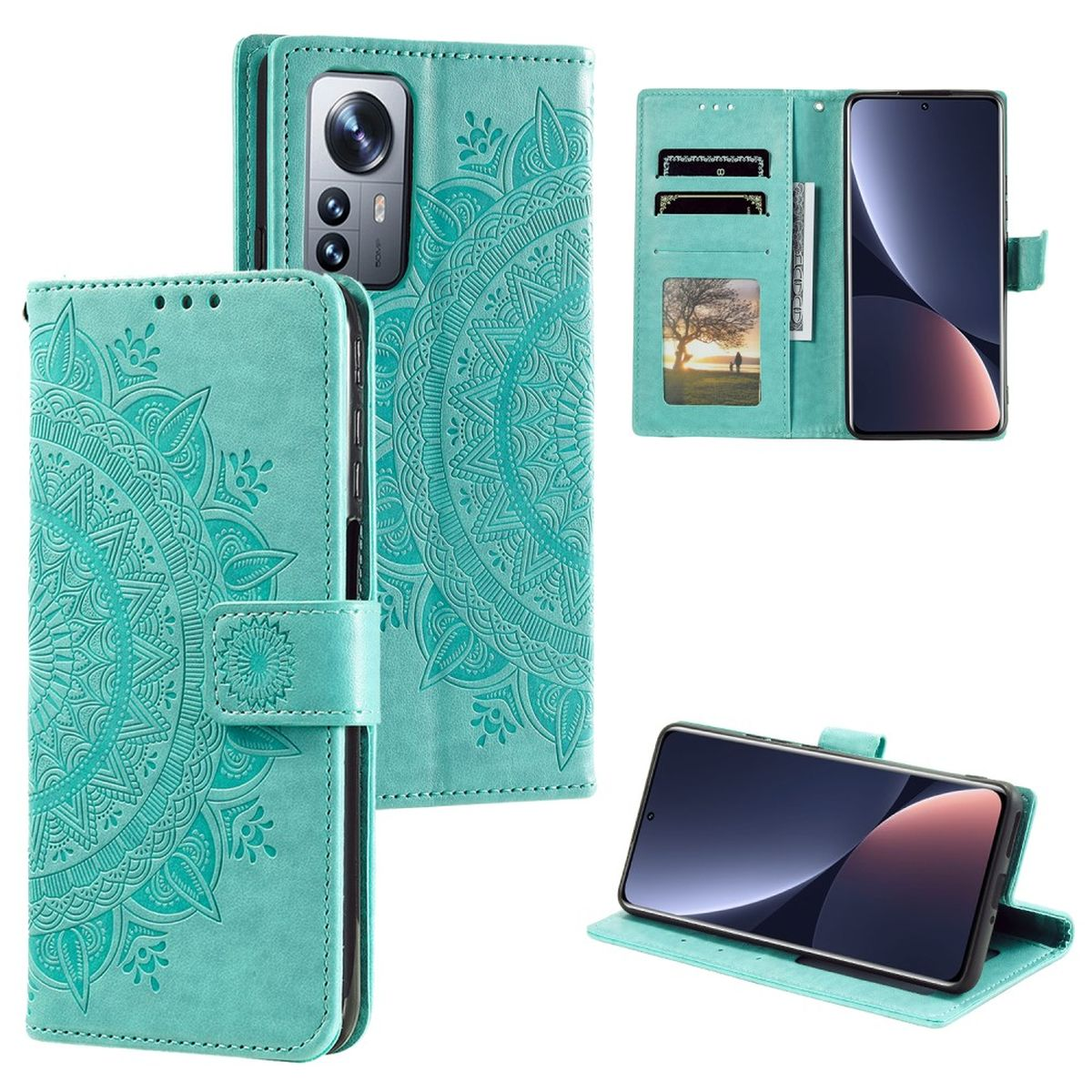Türkisfarbene Handyhülle mit Mandala-Design, offen und geschlossen mit Telefon innen gezeigt.