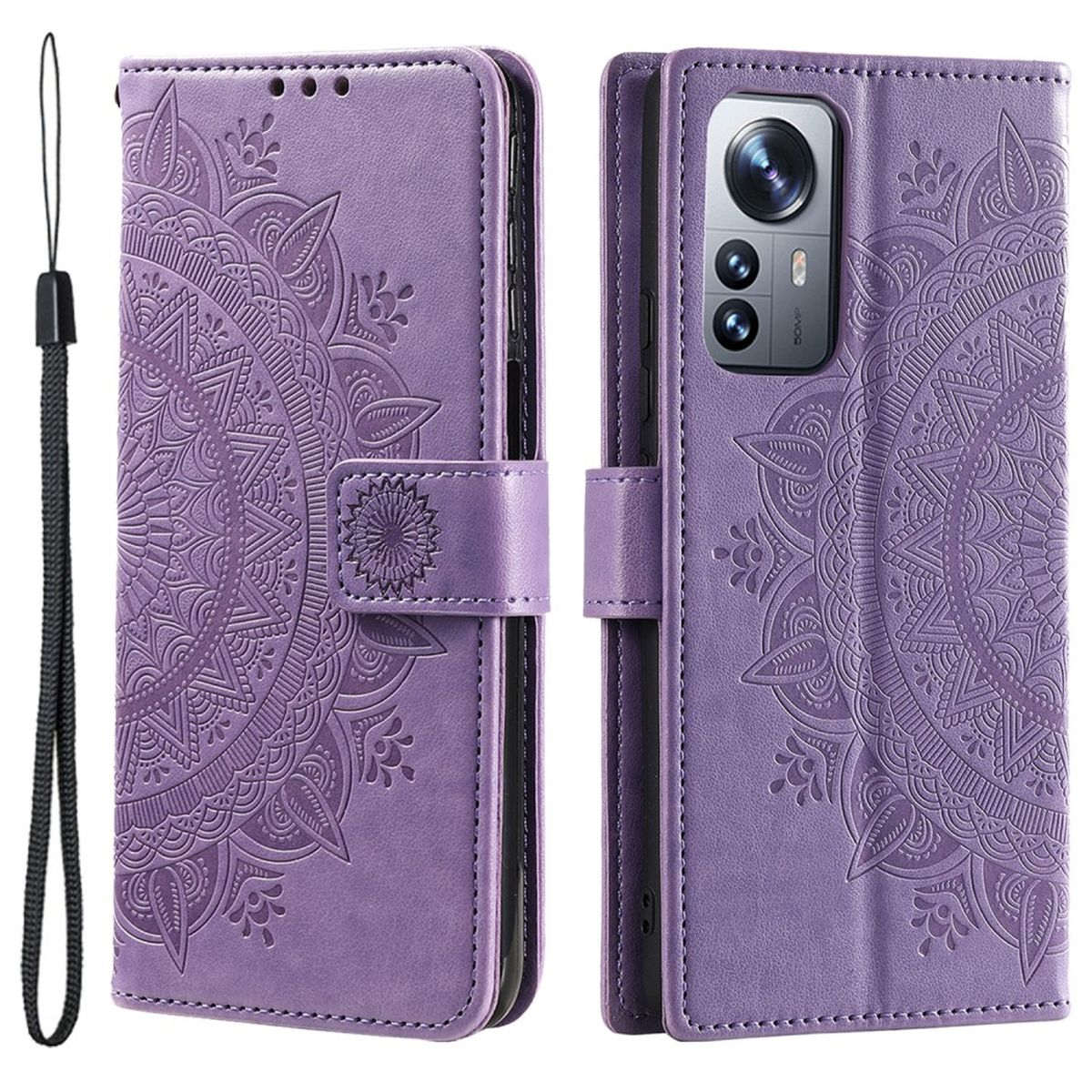 Lila Handyhülle mit Mandala-Design, geschlossen und geöffnet, weißer Hintergrund.