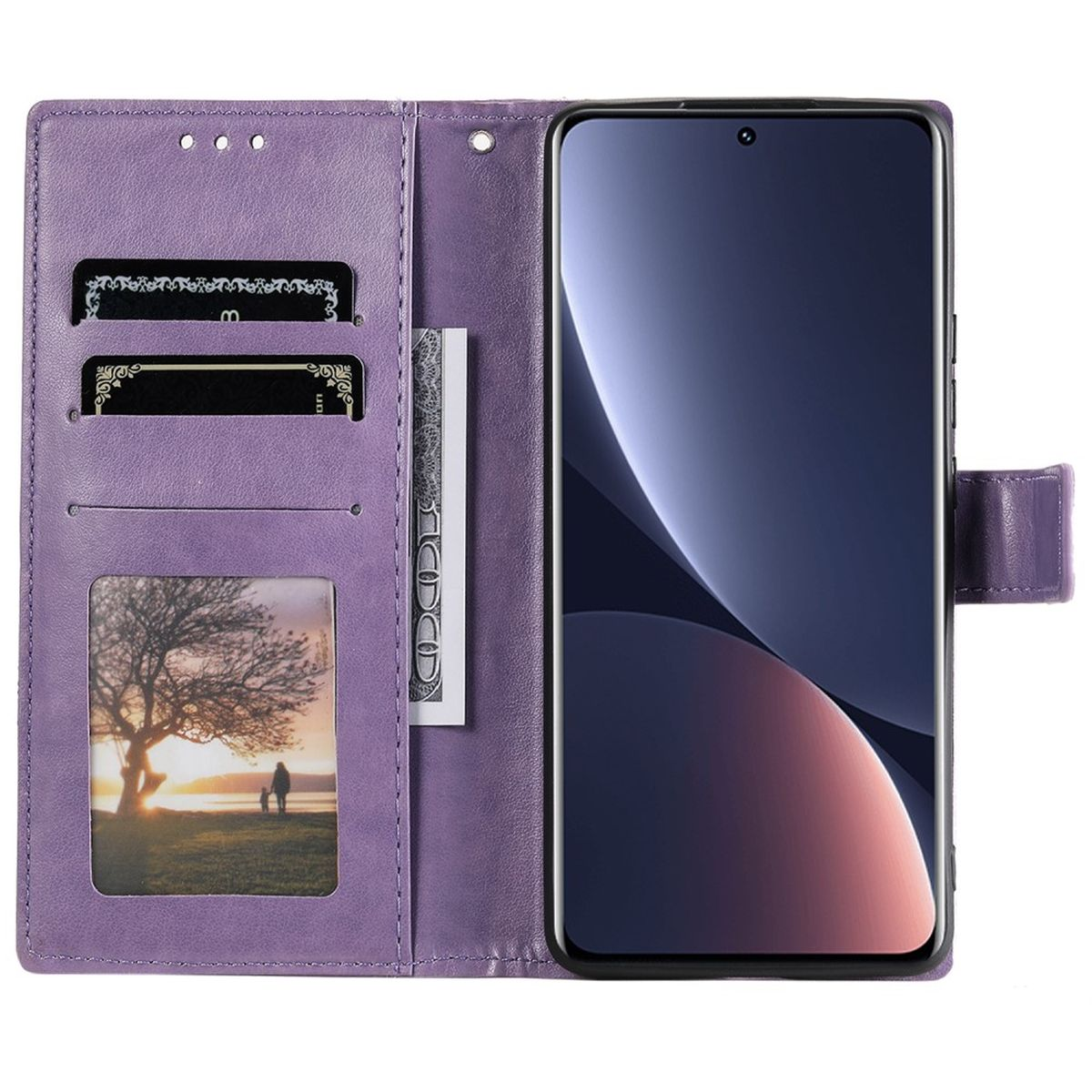 Lila Handyhülle offen, mit Karten, Bargeld und einem Telefon. Ein Bild ist im Kartenhalter.