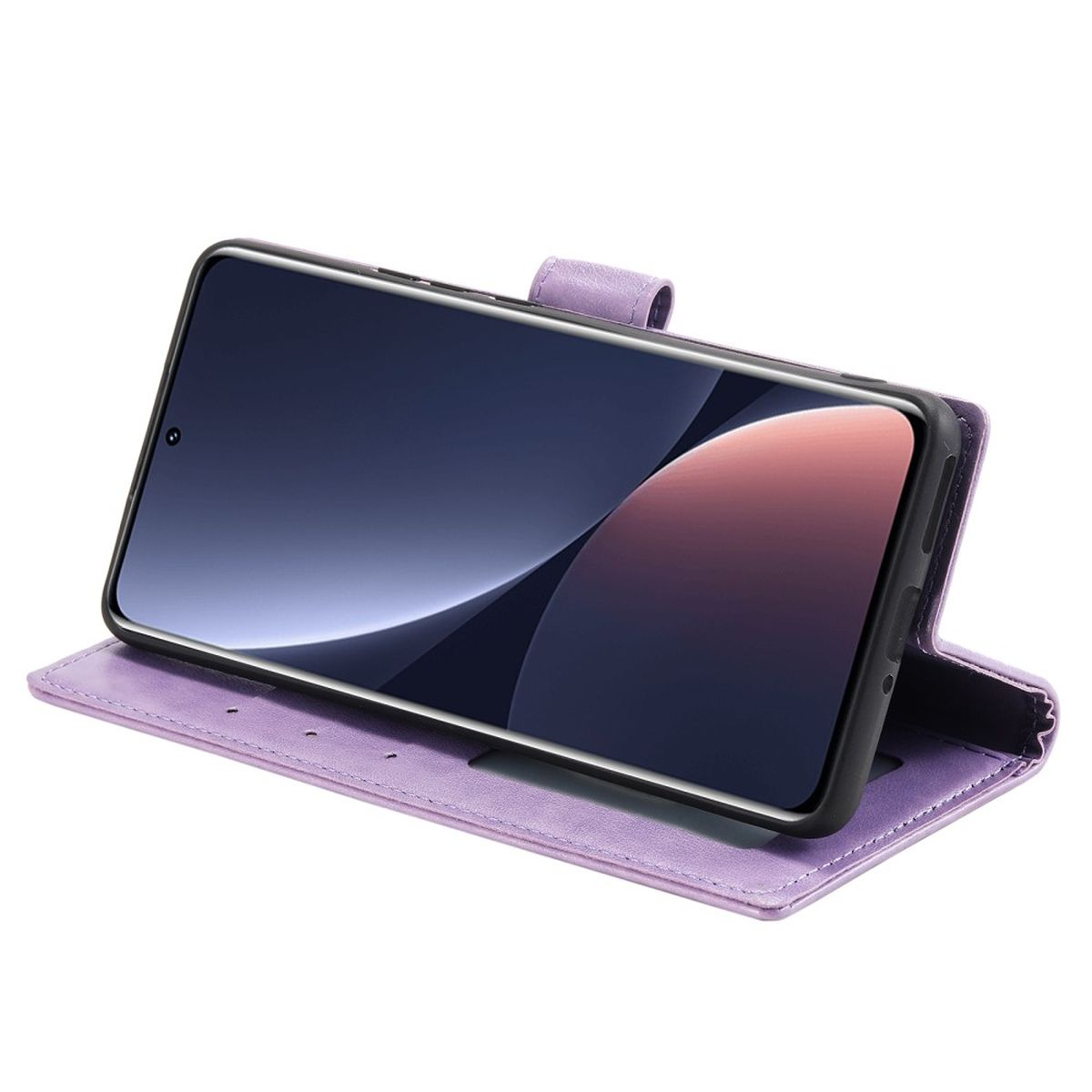 Lila Handyhülle mit Telefon, offen, auf weißem Hintergrund.