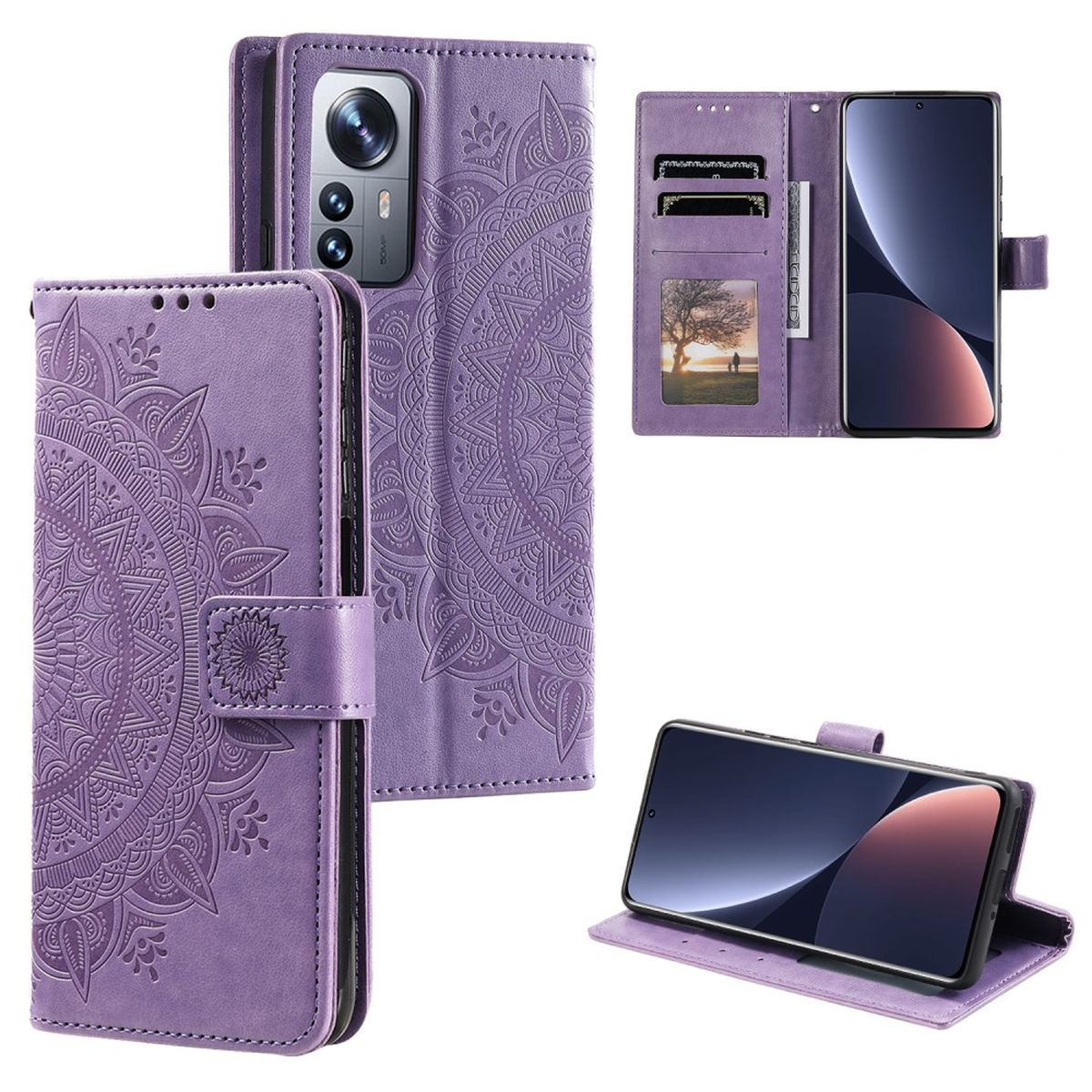 Lila Handyhülle mit Mandala-Design. Mehrere Ansichten zeigen die Hülle offen und geschlossen, mit Telefon darin.
