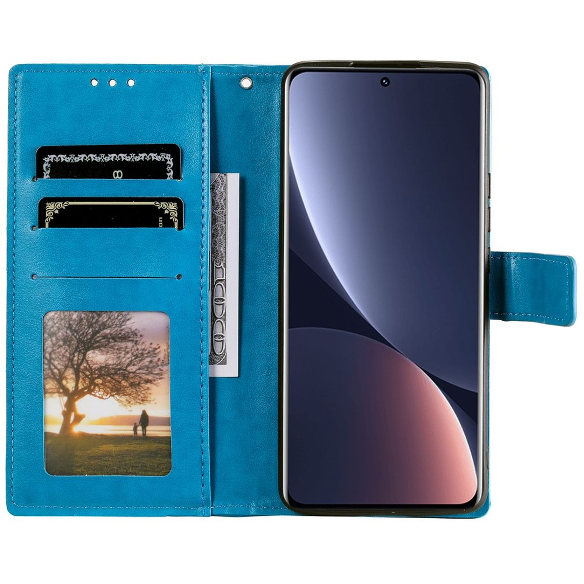 Blaue Handyhülle offen, zeigt ein Telefon und Fächer für Karten und Bargeld. Ein Bild ist auch sichtbar.