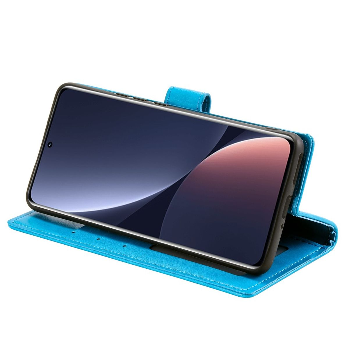 Blaue Handyhülle, offen, mit Telefon darin. Telefonbildschirm sichtbar.
