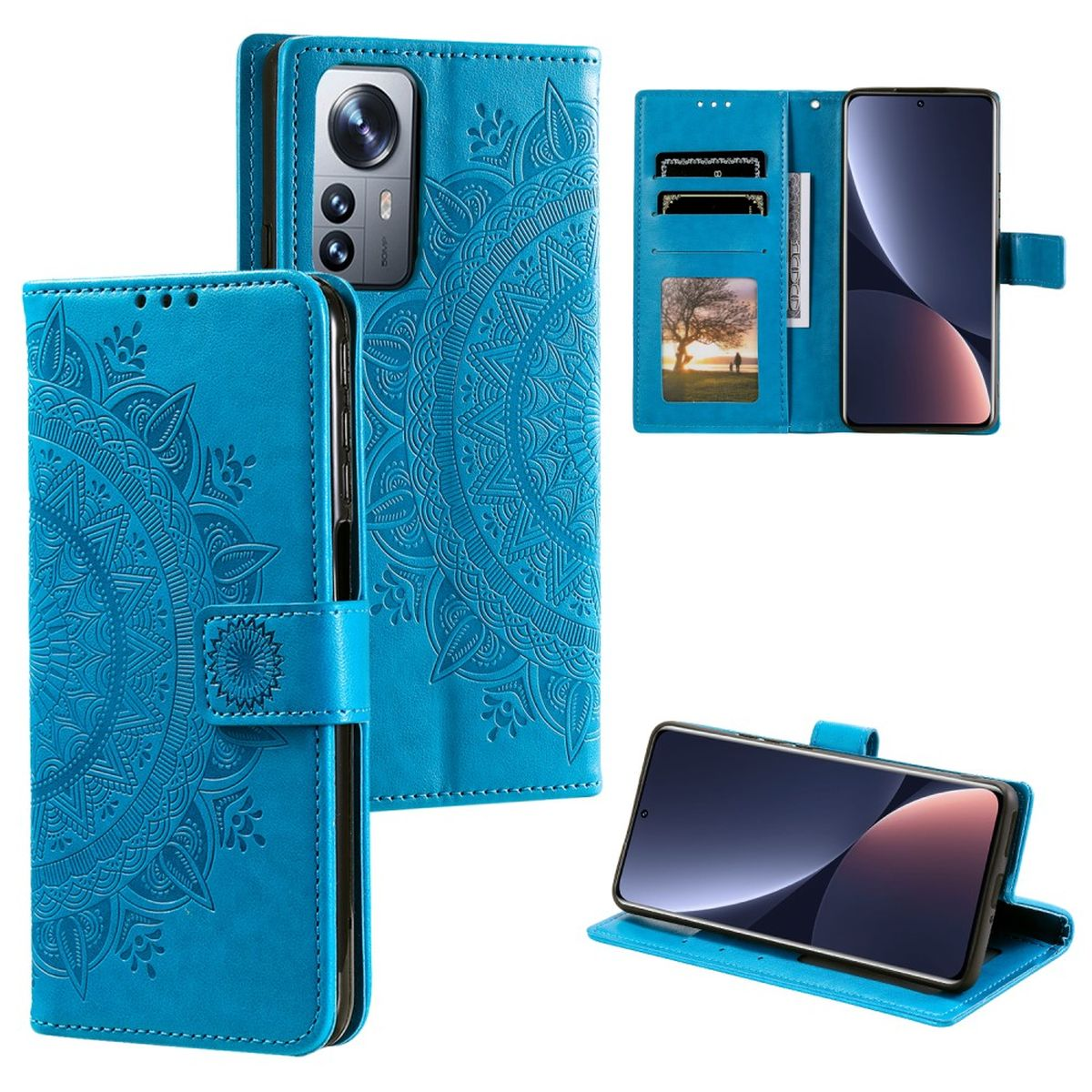 Blaue Handyhülle mit Mandala-Design, offen und geschlossen. Telefon im Etui, mit Karten und Bild.