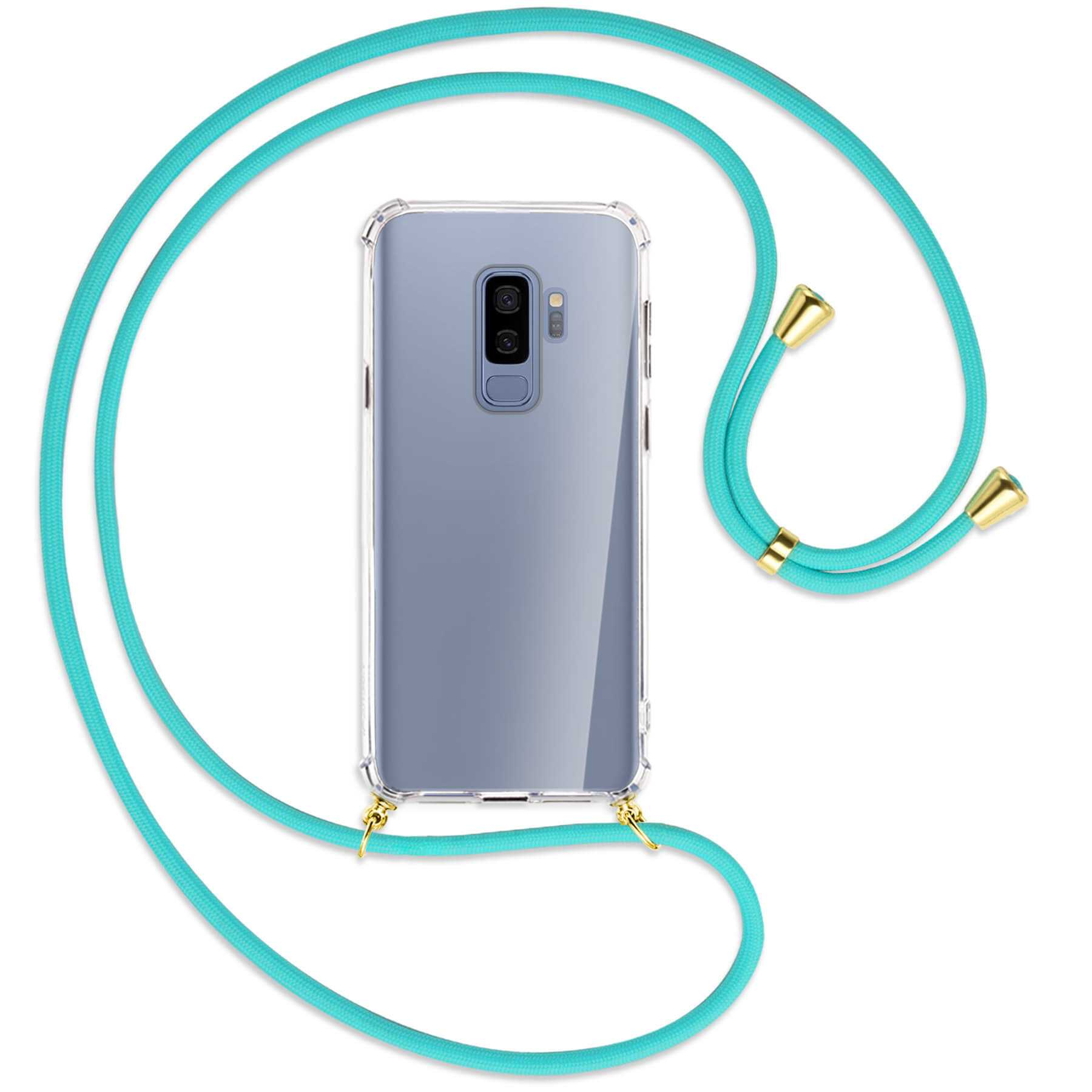 MTB MORE ENERGY Türkis Galaxy Plus, S9 Backcover, / Kordel, mit Umhänge-Hülle Samsung, Gold