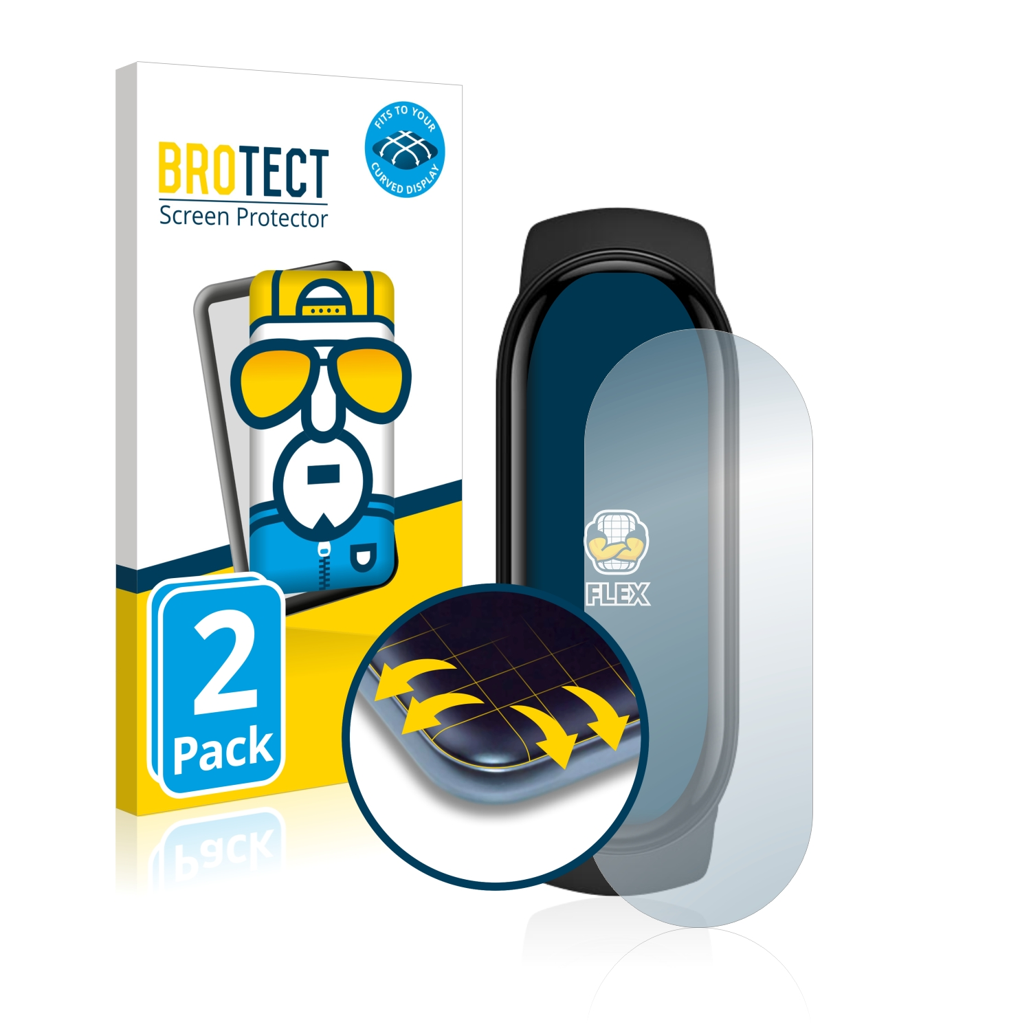 Box und Smartband mit Displayschutz. Gelbe Pfeile.