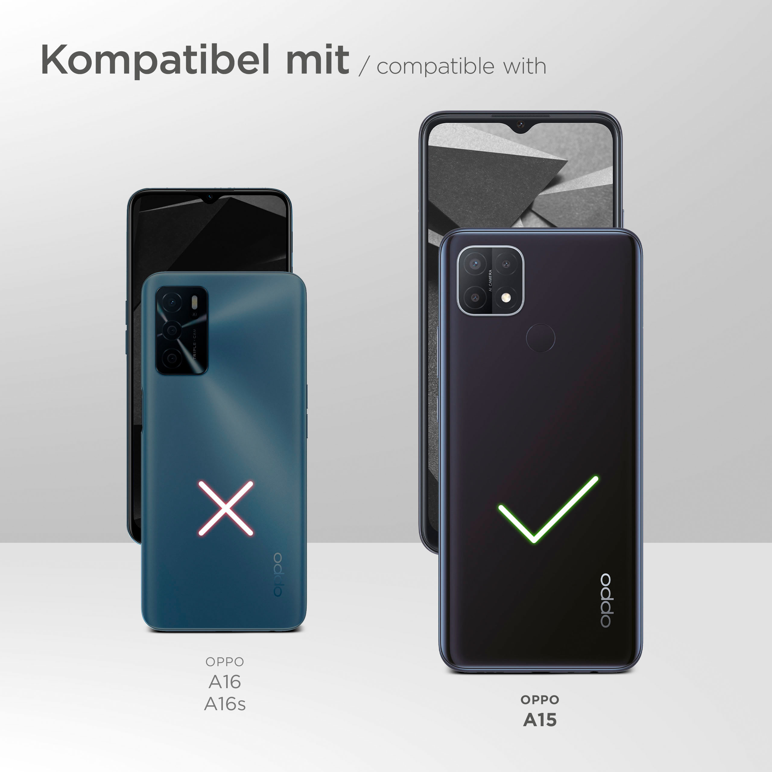 Bild, das zwei Telefone vergleicht, eines kompatibel und eines nicht, mit einem Häkchen und einem X.