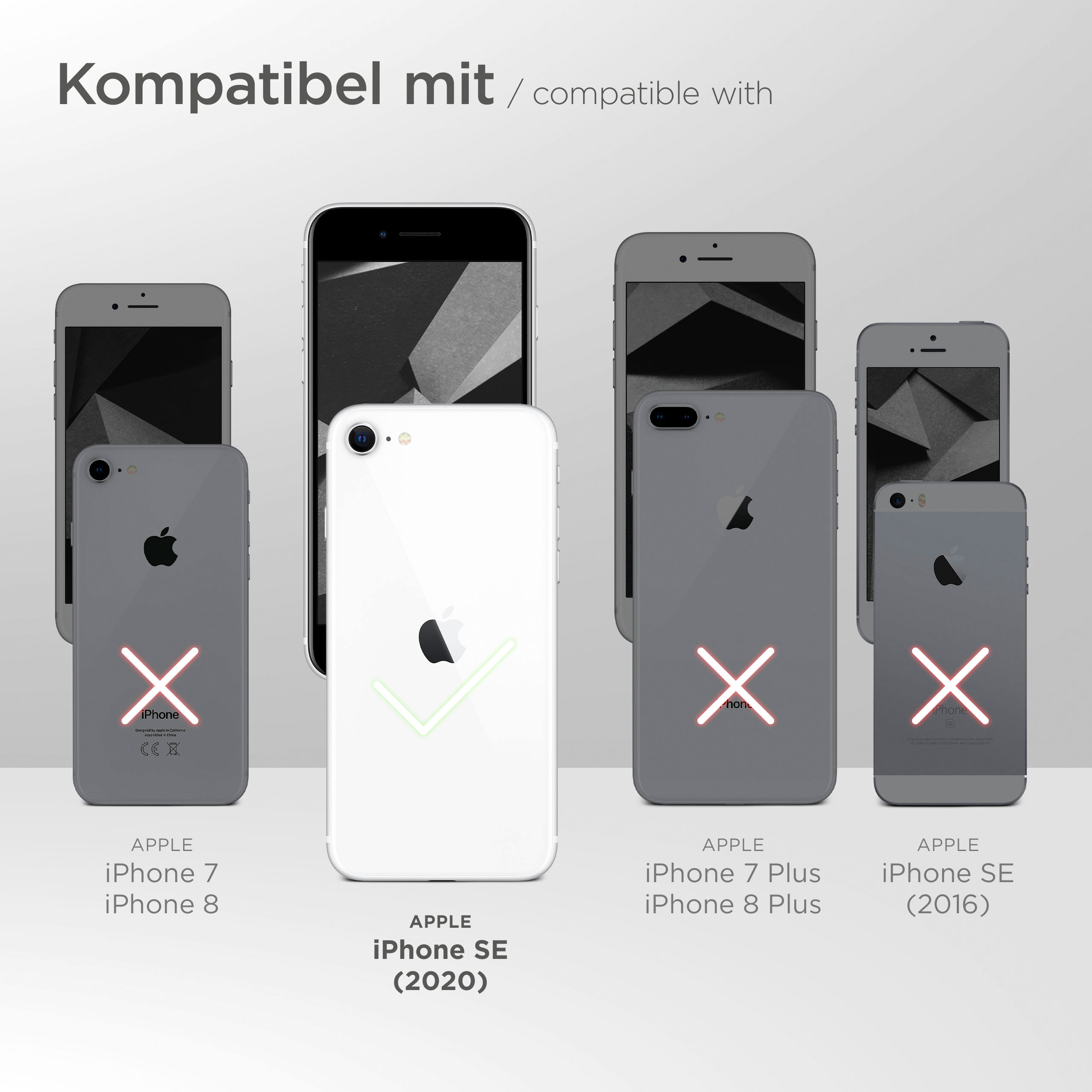 Das Bild zeigt verschiedene iPhone-Modelle. Nur das iPhone SE (2020) ist kompatibel, mit einem grünen Häkchen.