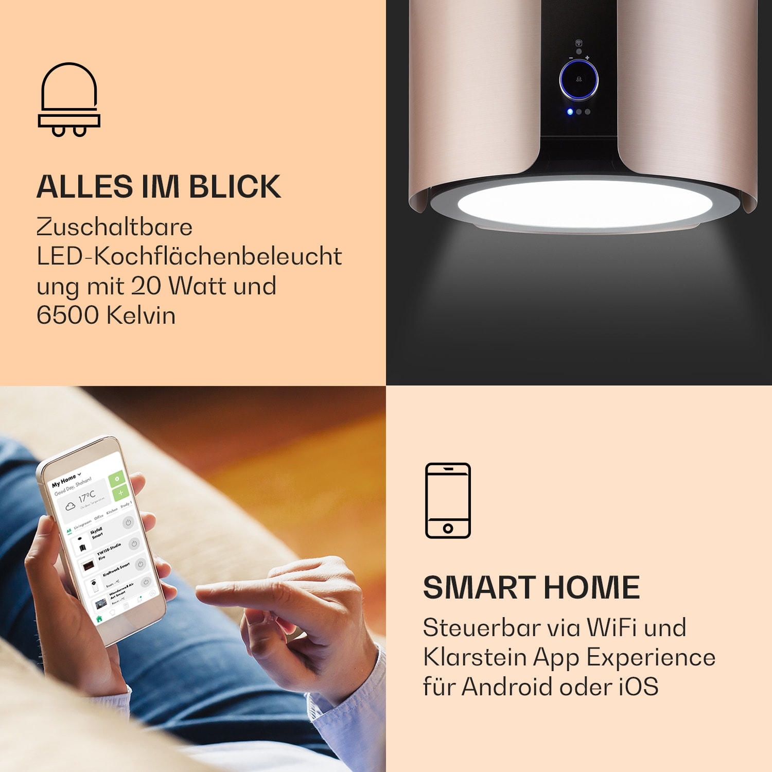 Una cappa da cucina, uno smartphone con funzioni smart home e descrizioni di illuminazione LED e controllo WiFi.