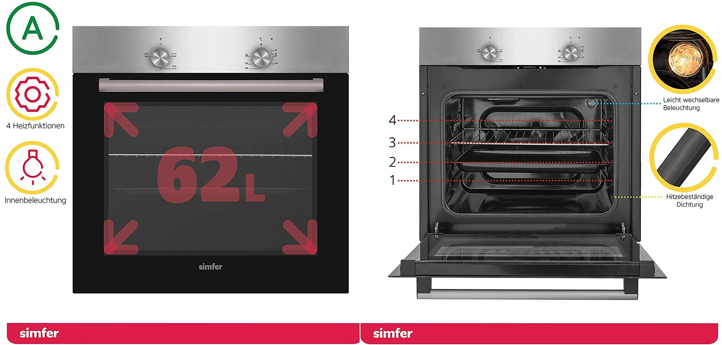 SIMFER Einbau Herdset mit Dunstabzugshaube, + Kochfeld 60 2-fach A, (Glaskeramikkochfeld, 62 Verglasung, + Backofen Liter) Einbauherdset cm, Wandhaube