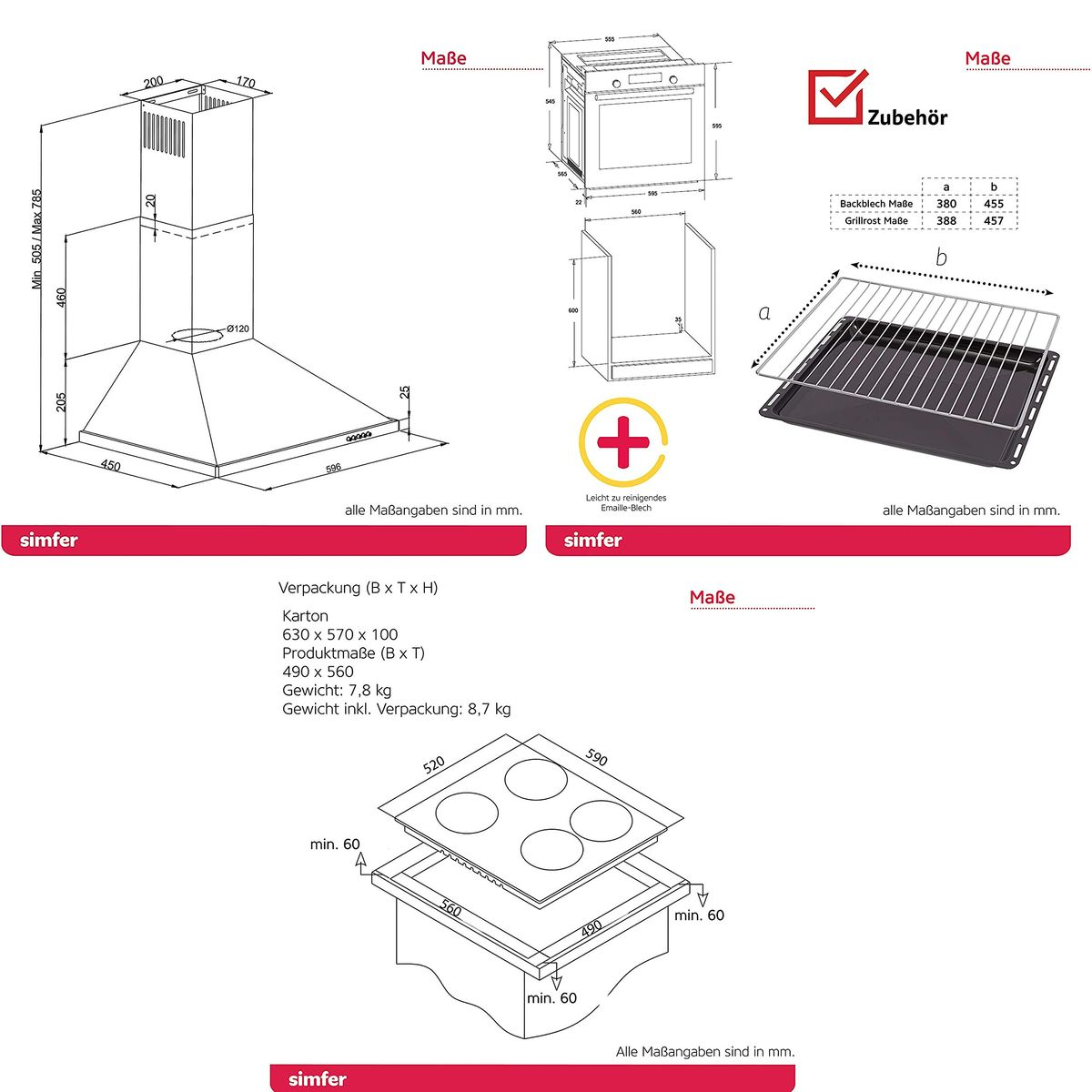 SIMFER Einbau Herdset mit Dunstabzugshaube, + Kochfeld 60 2-fach A, (Glaskeramikkochfeld, 62 Verglasung, + Backofen Liter) Einbauherdset cm, Wandhaube