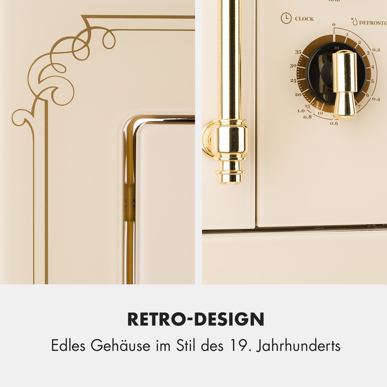 Primer plano de un horno microondas de estilo retro. Presenta color crema, detalles dorados y un dial de reloj con ajustes de temporizador.