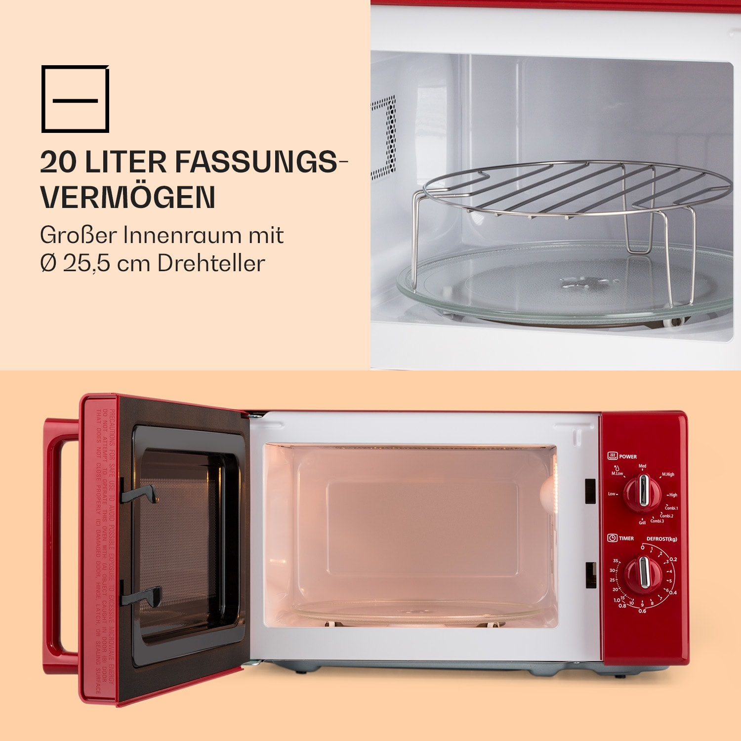 Rote Mikrowelle mit offener Tür, Innenraum beleuchtet. Text: 20 Liter Fassungsvermögen, großer Innenraum, 25,5 cm Drehteller.